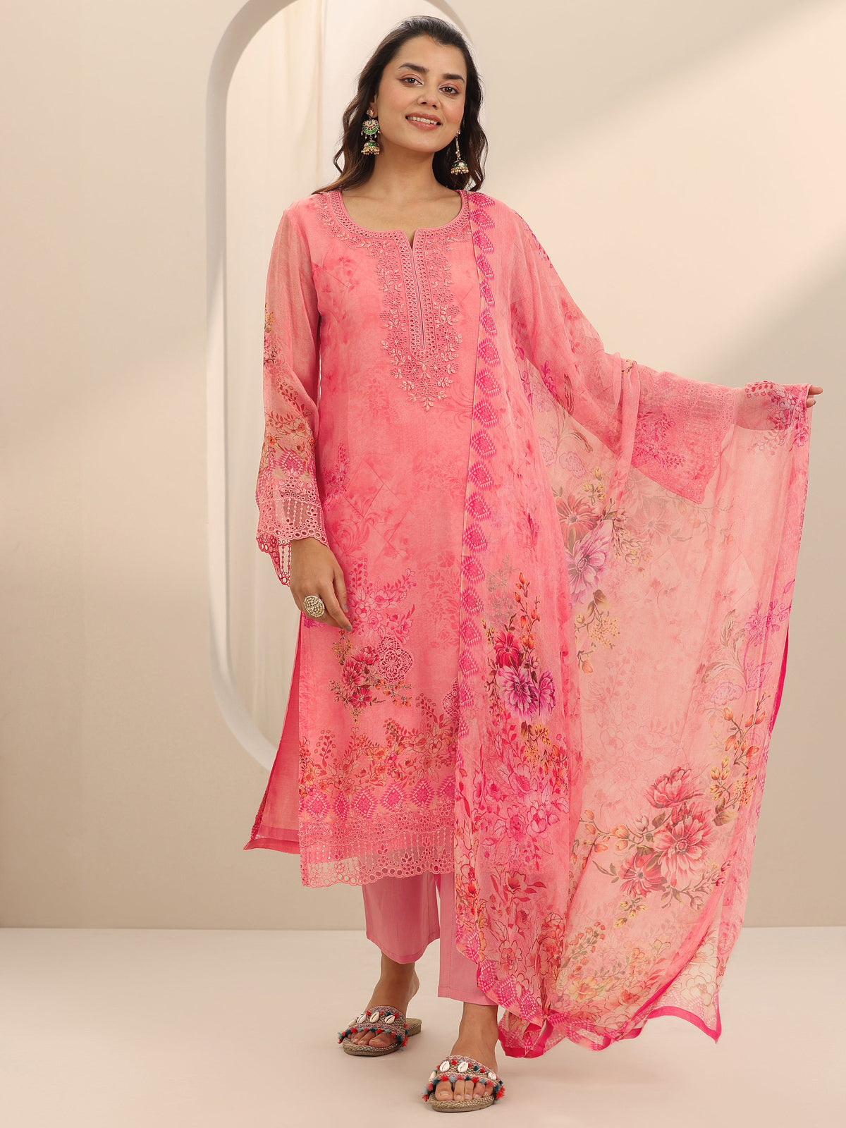 Anouk Coral Printed Organza Straight Suit Set With Dupatta