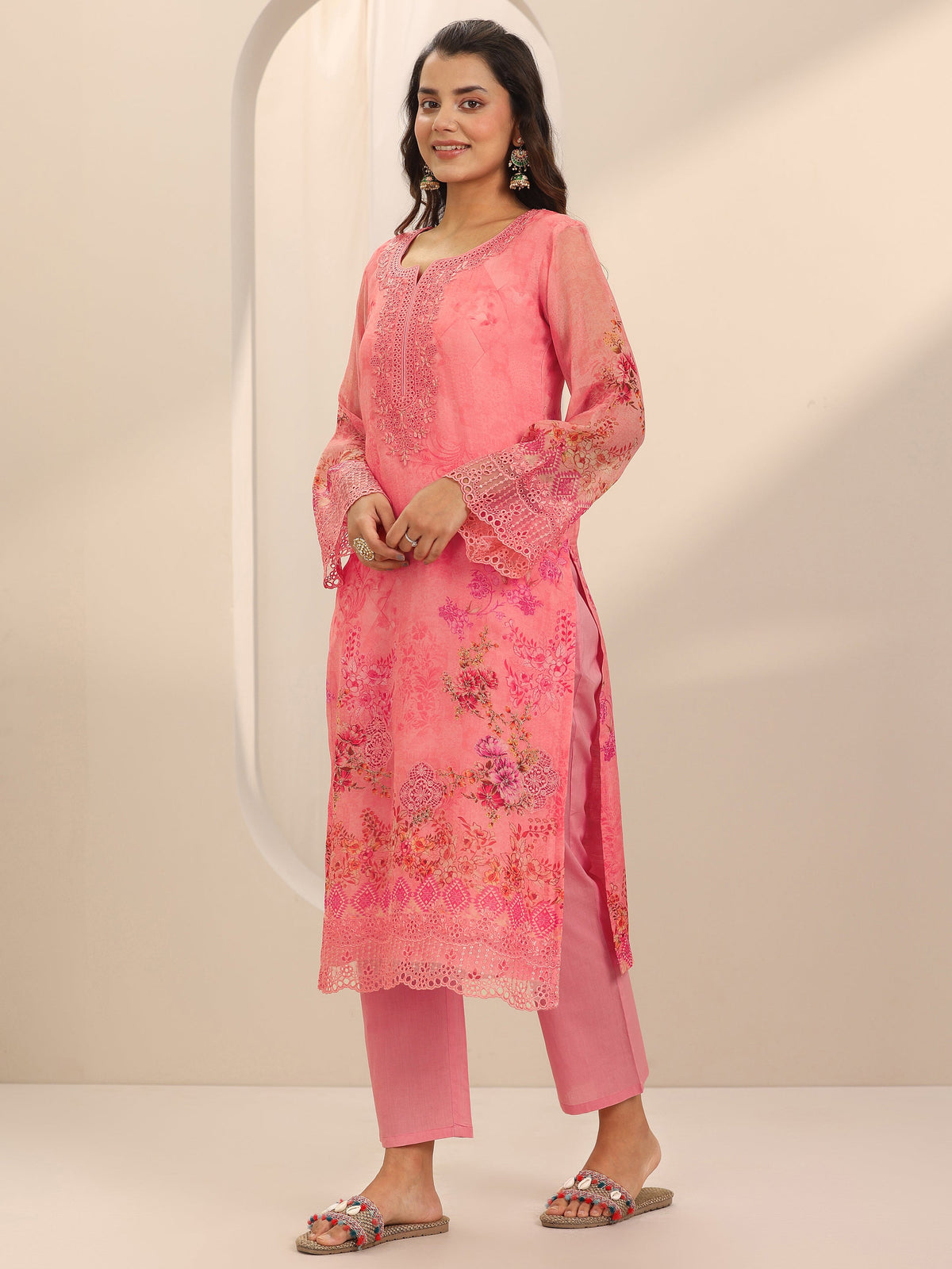 Anouk Coral Printed Organza Straight Suit Set With Dupatta