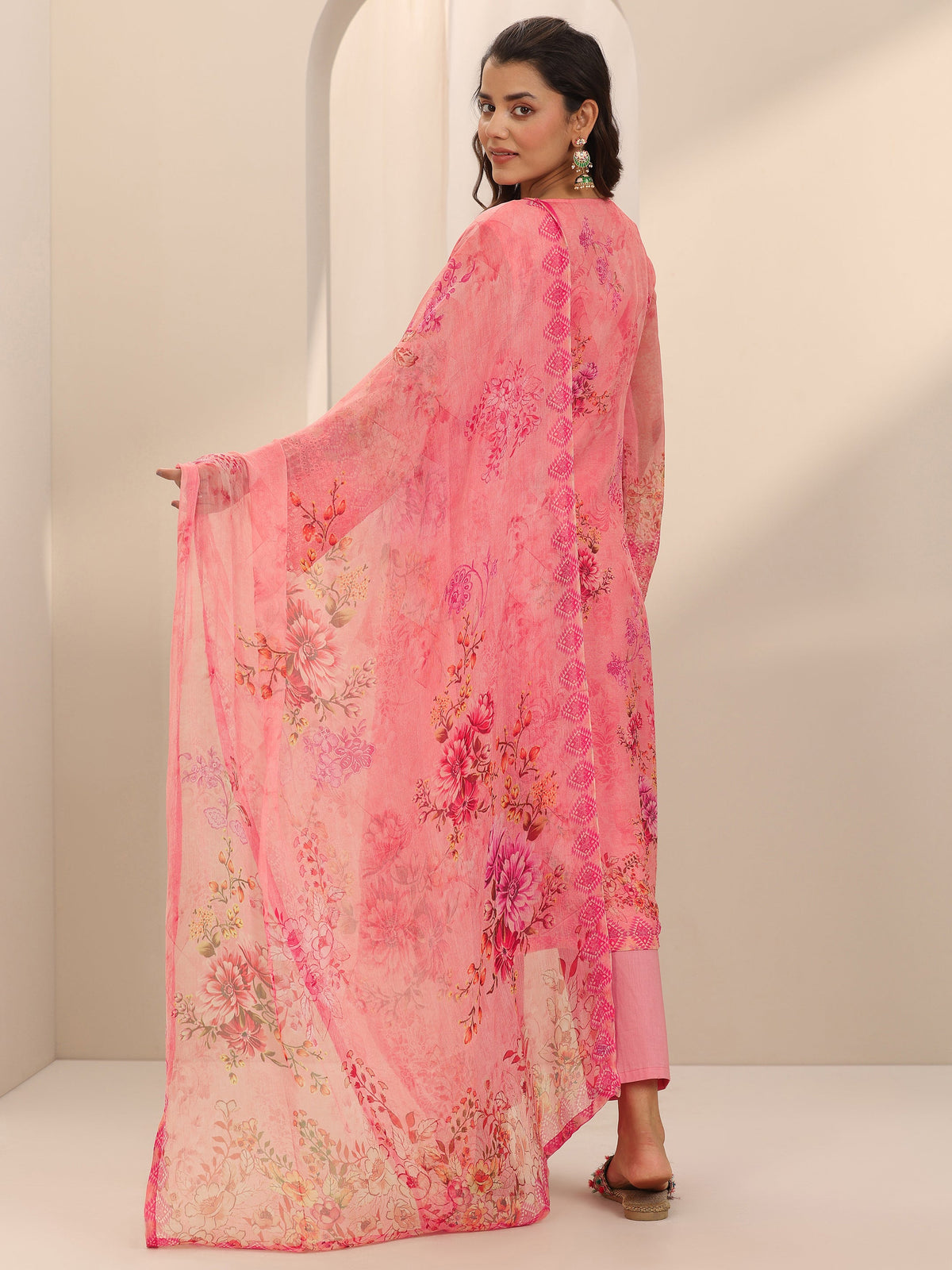 Anouk Coral Printed Organza Straight Suit Set With Dupatta