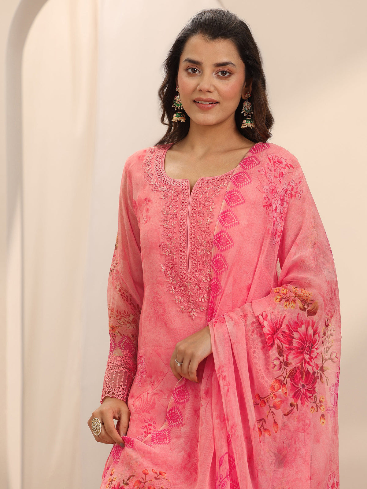 Anouk Coral Printed Organza Straight Suit Set With Dupatta