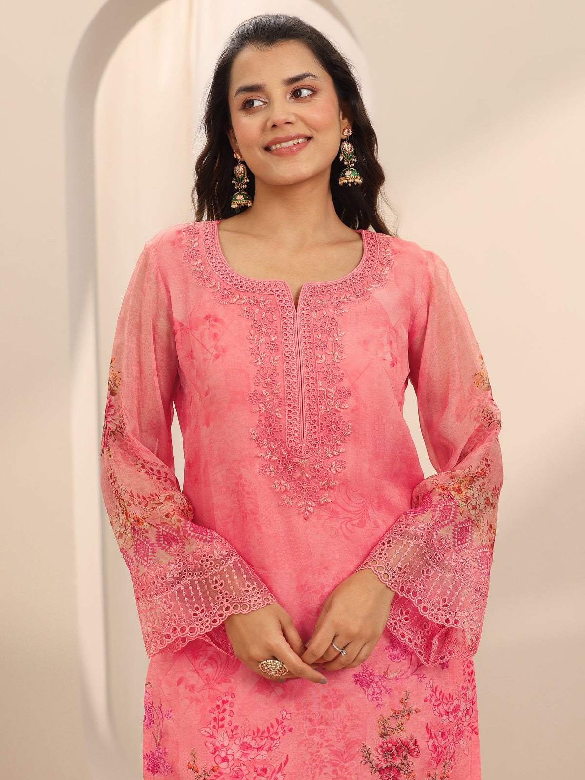 Anouk Coral Printed Organza Straight Suit Set With Dupatta