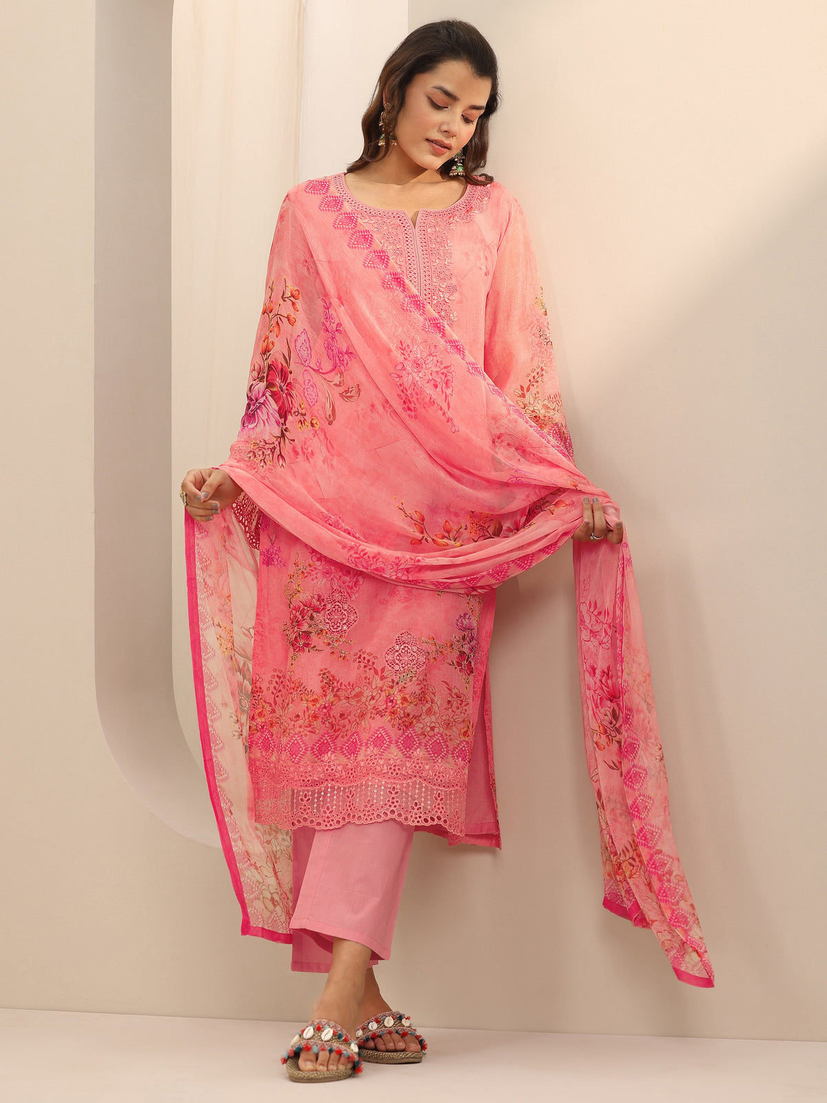 Anouk Coral Printed Organza Straight Suit Set With Dupatta