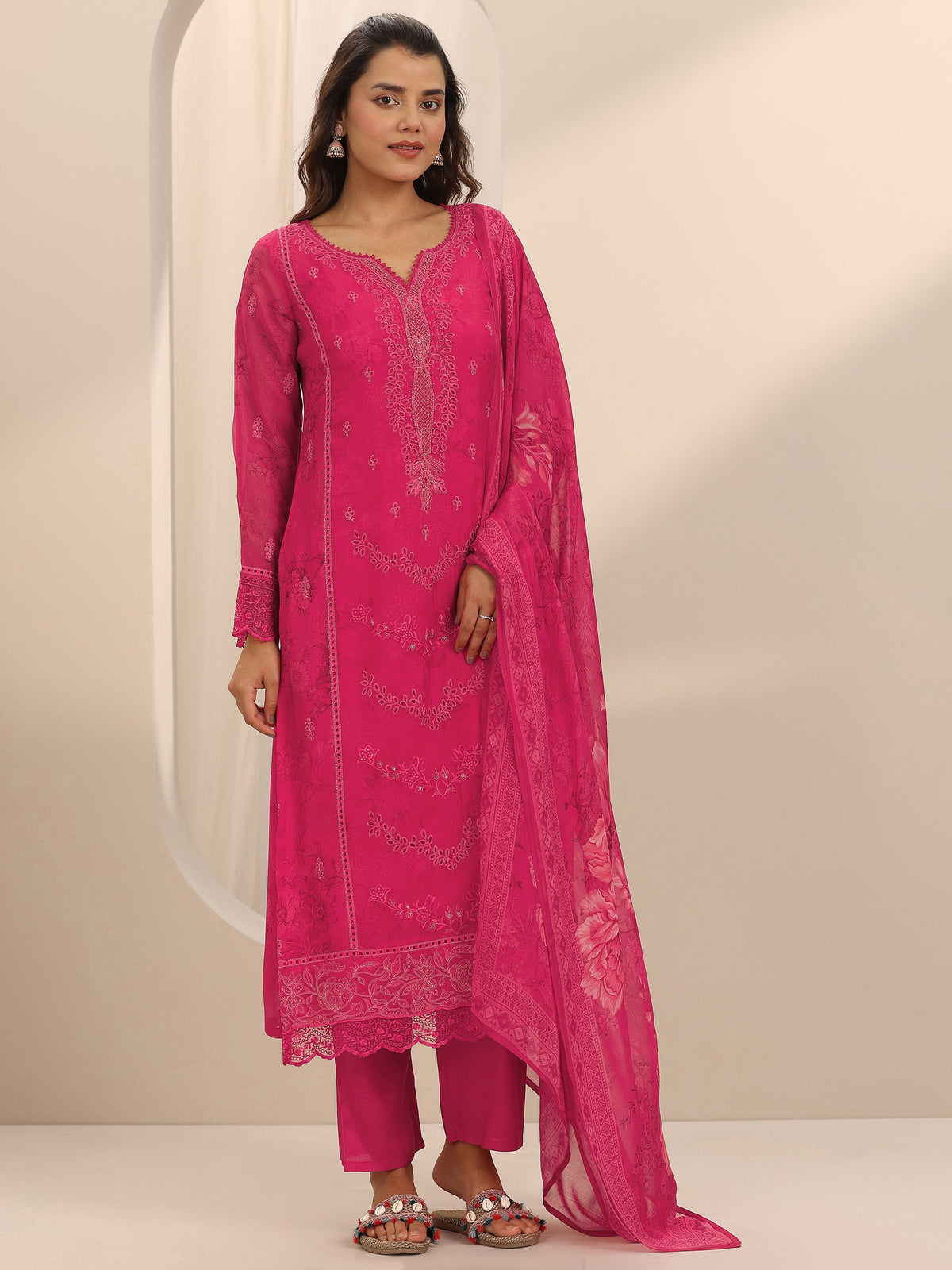Anouk Pink Embroidered Organza Straight Suit Set With Dupatta
