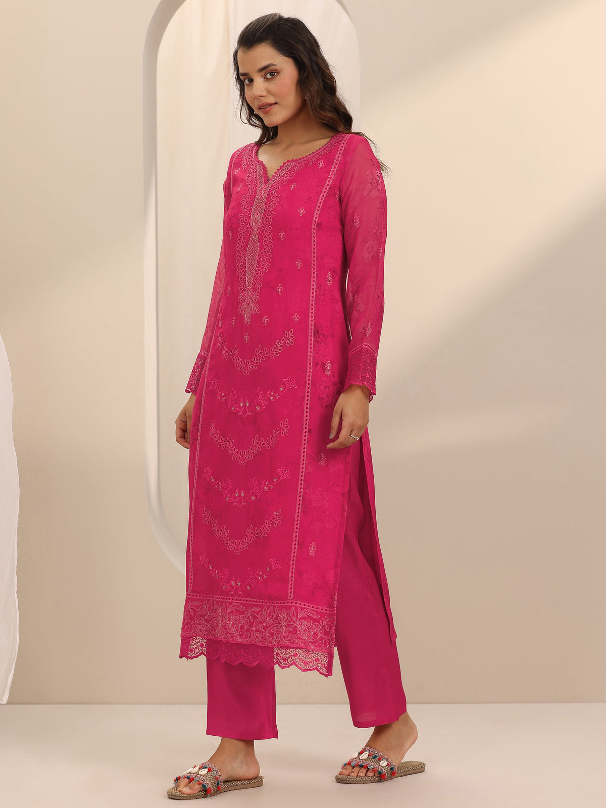 Anouk Pink Embroidered Organza Straight Suit Set With Dupatta