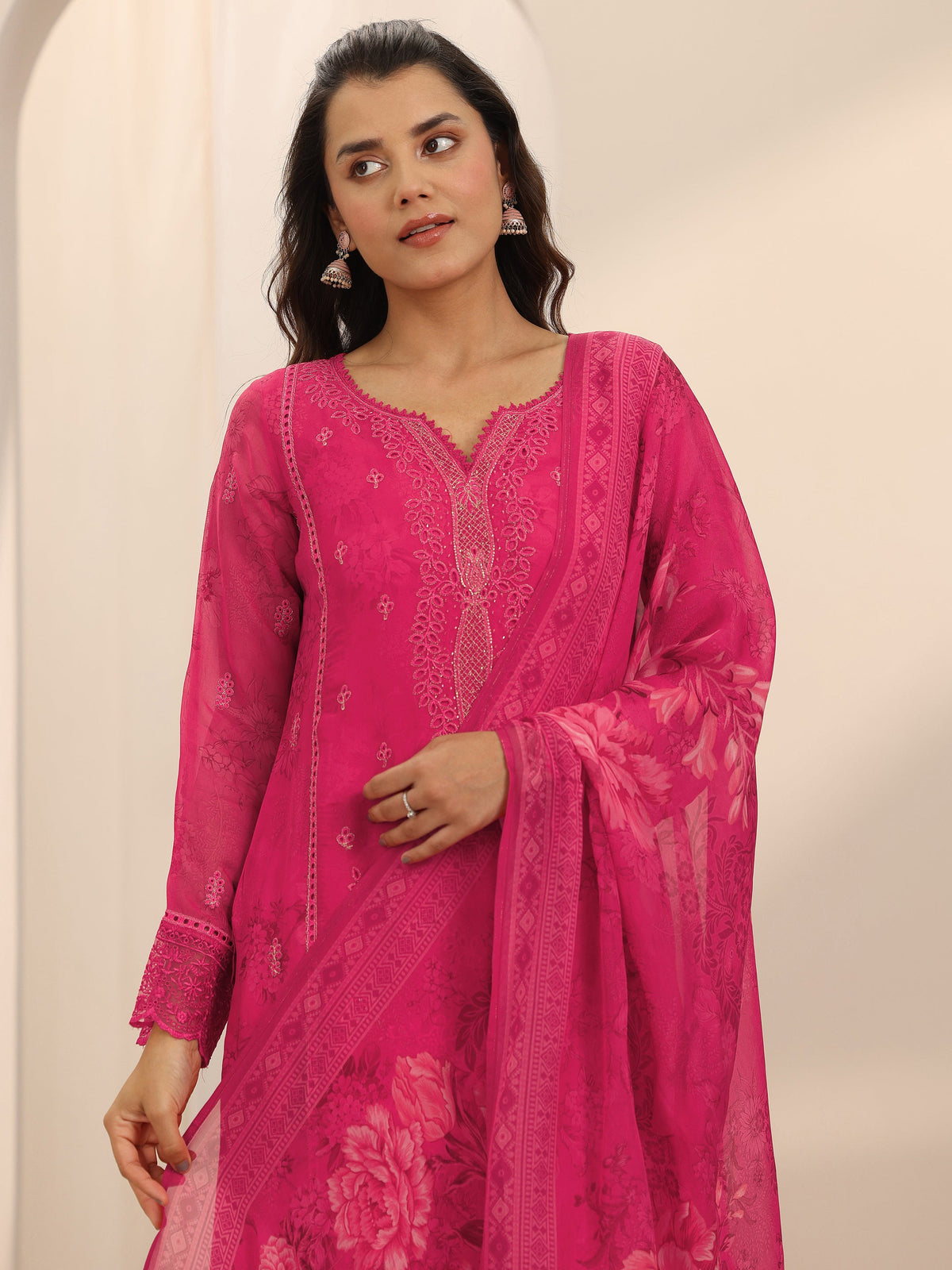 Anouk Pink Embroidered Organza Straight Suit Set With Dupatta
