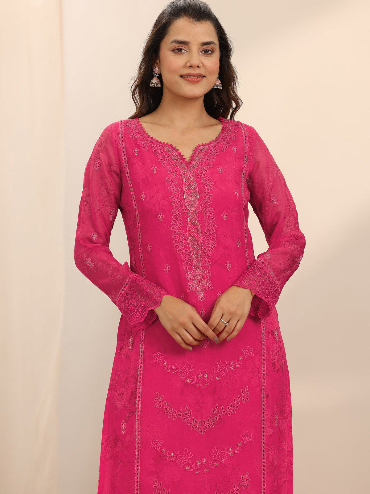 Anouk Pink Embroidered Organza Straight Suit Set With Dupatta