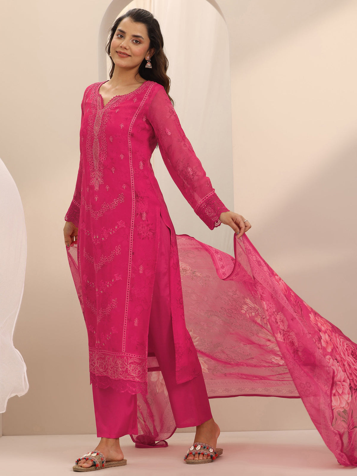 Anouk Pink Embroidered Organza Straight Suit Set With Dupatta