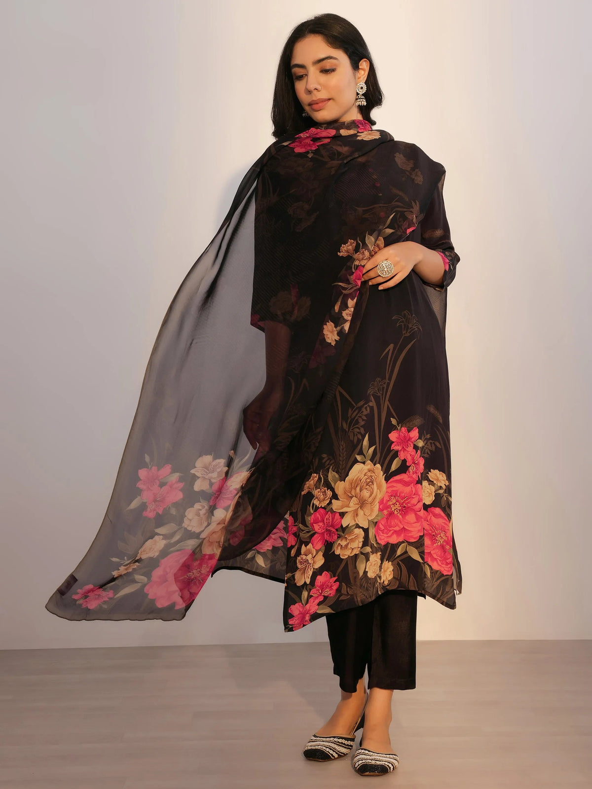 Anouk Black Printed Silk Blend Straight Suit With Dupatta