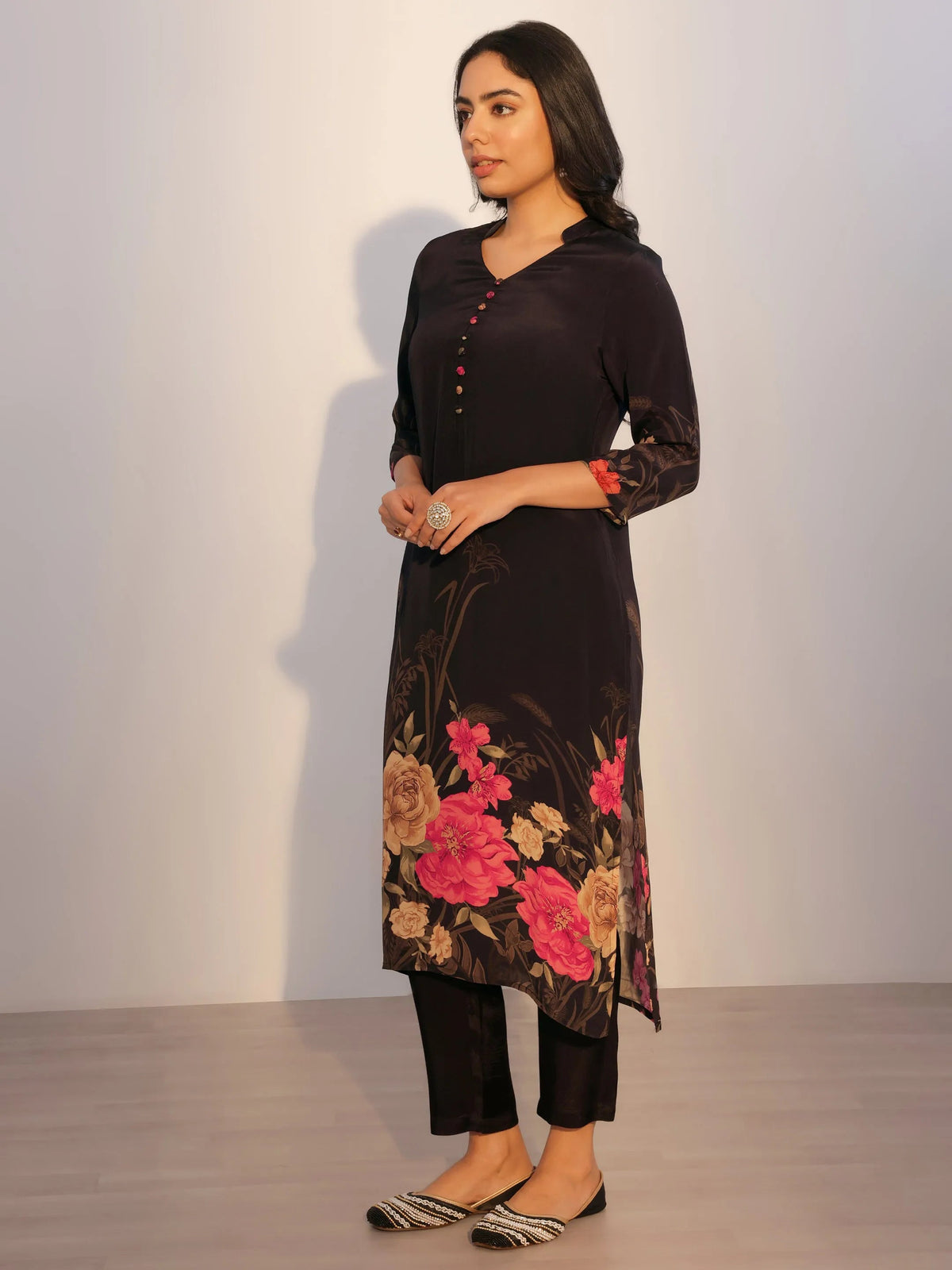 Anouk Black Printed Silk Blend Straight Suit With Dupatta