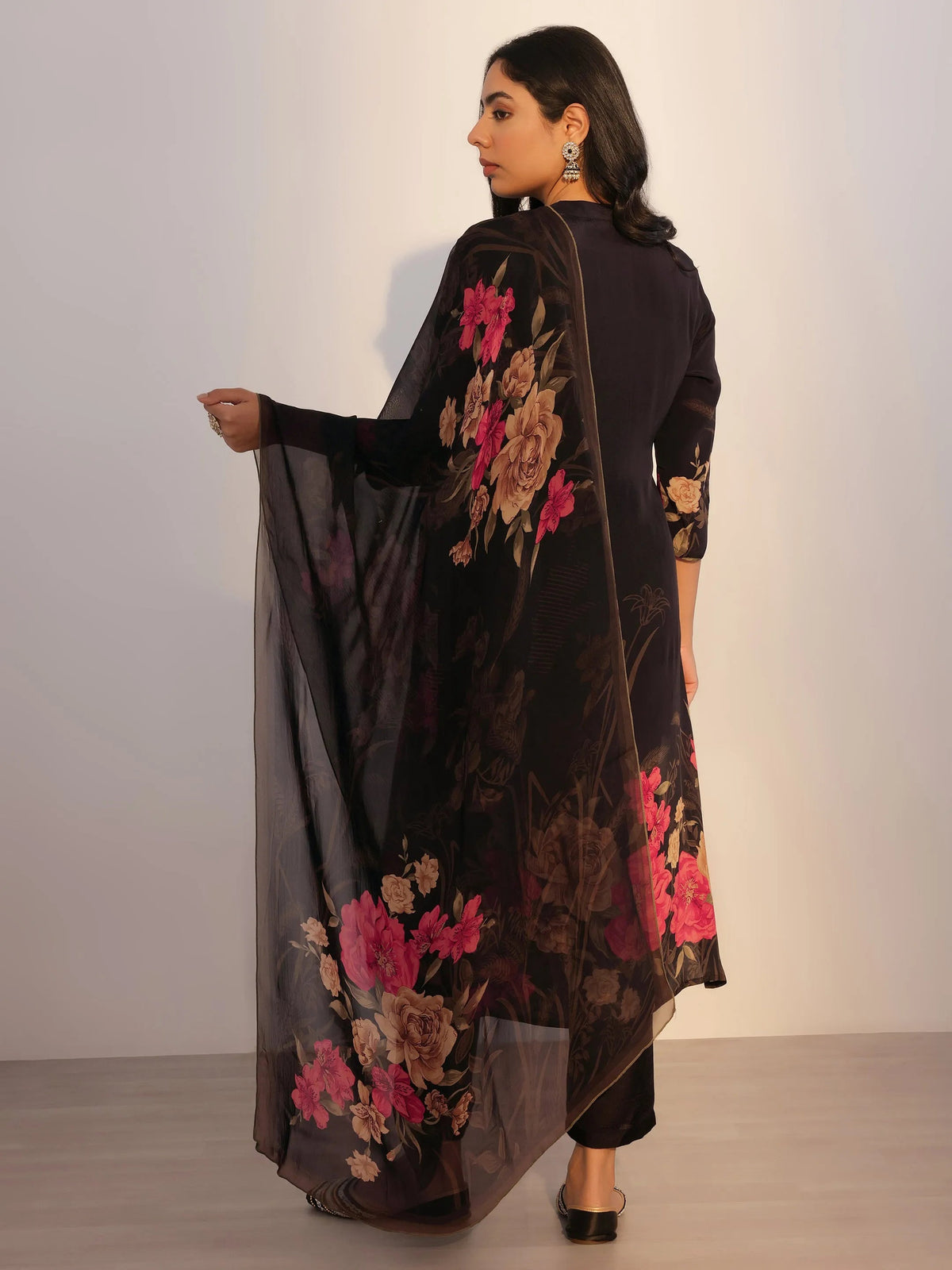 Anouk Black Printed Silk Blend Straight Suit With Dupatta