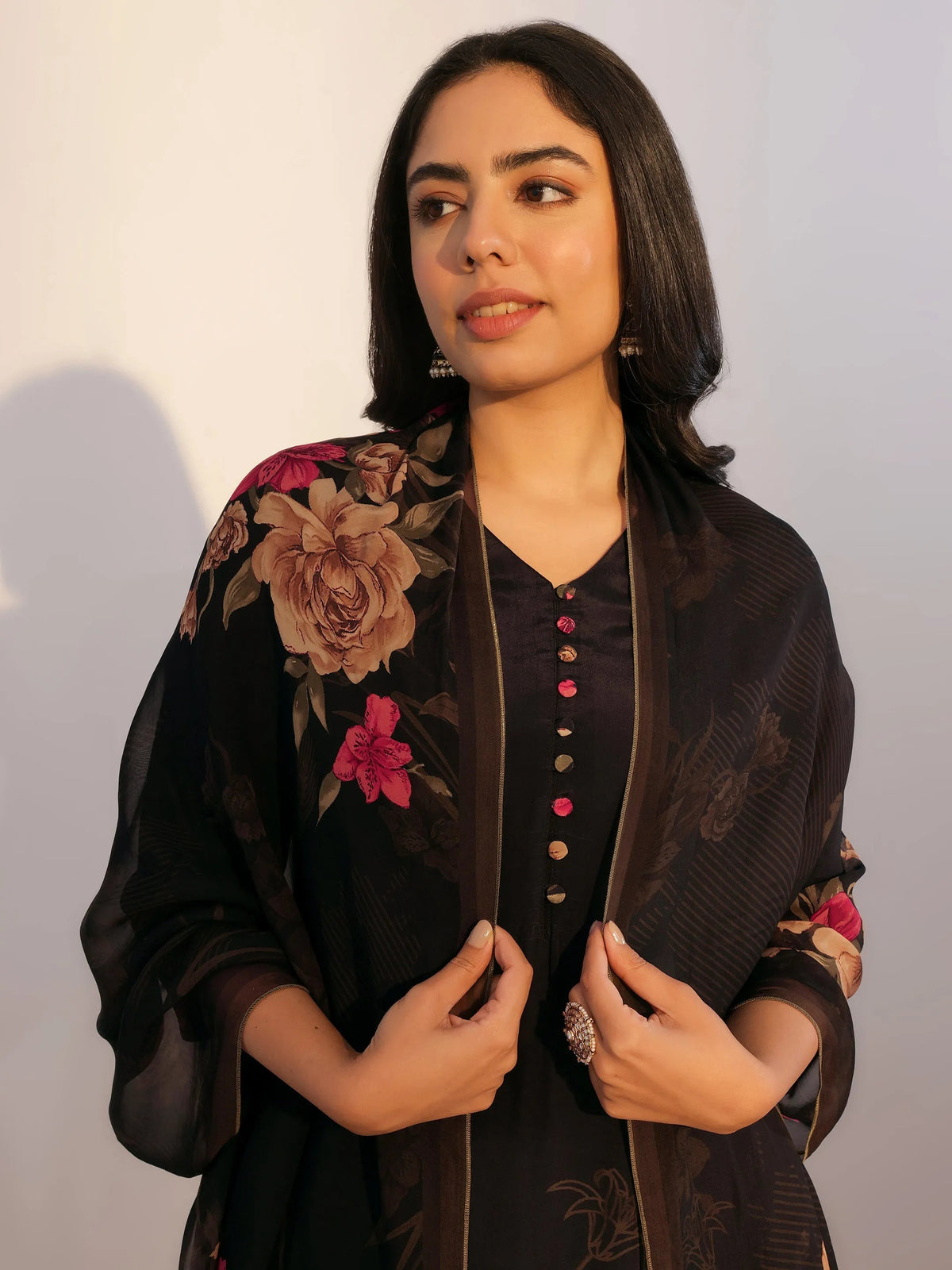 Anouk Black Printed Silk Blend Straight Suit With Dupatta