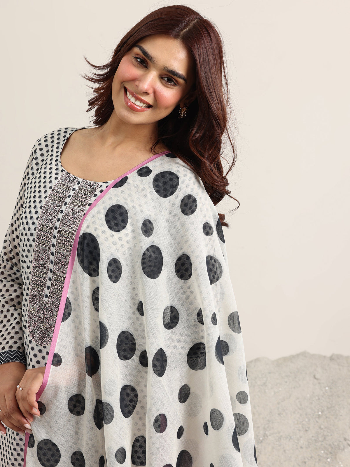 Anouk Off White Printed Linen Straight Suit Set With Dupatta