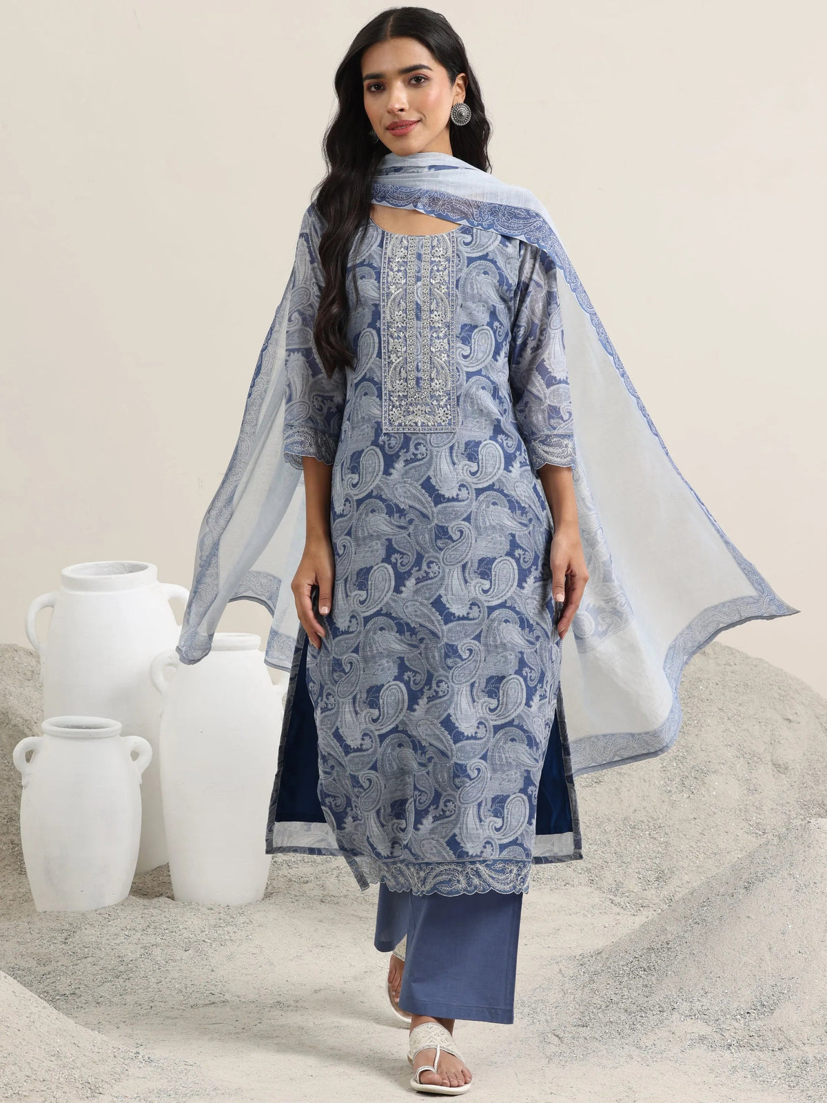 Anouk Blue Printed Linen Straight Suit With Dupatta
