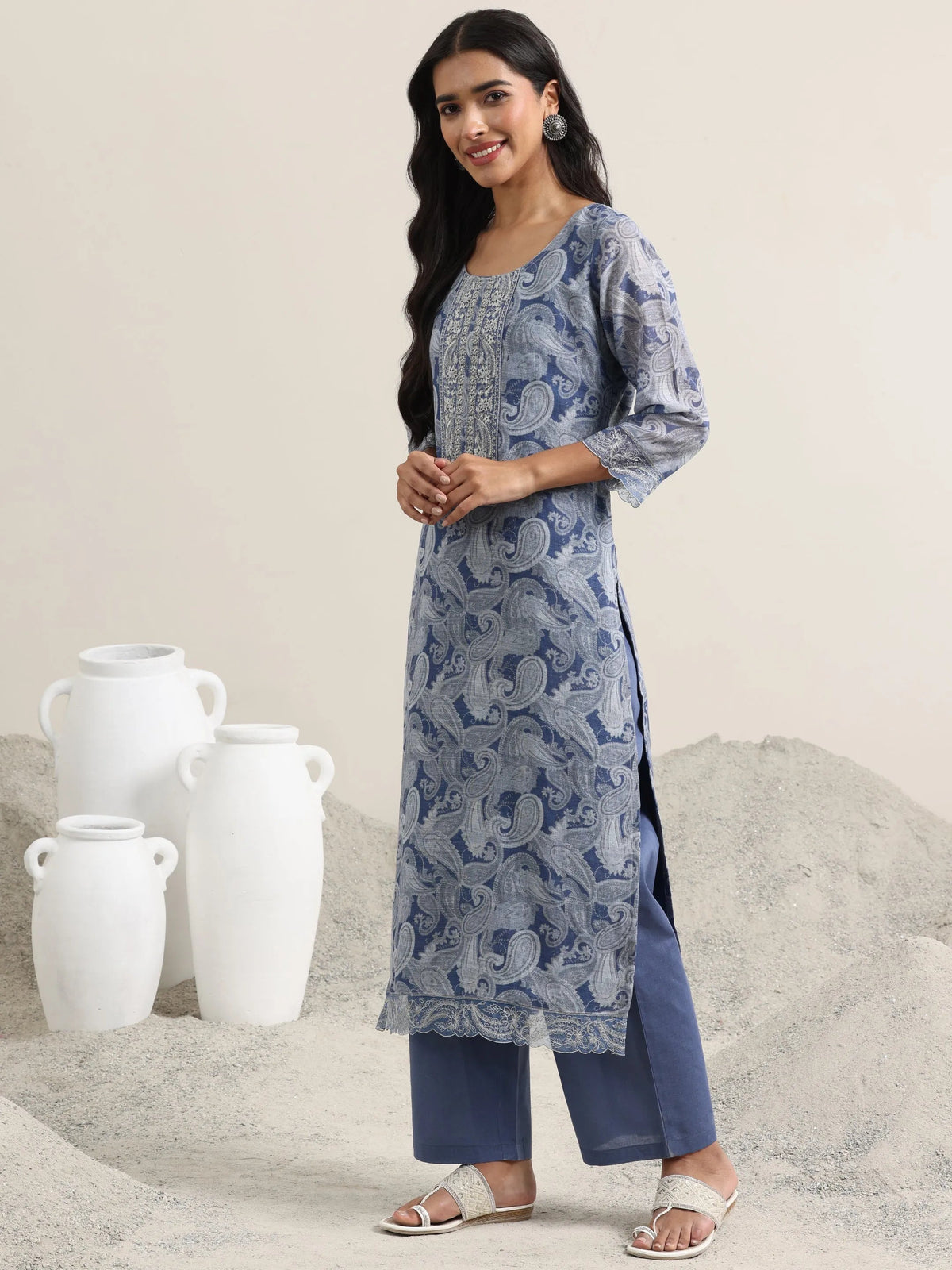 Anouk Blue Printed Linen Straight Suit With Dupatta