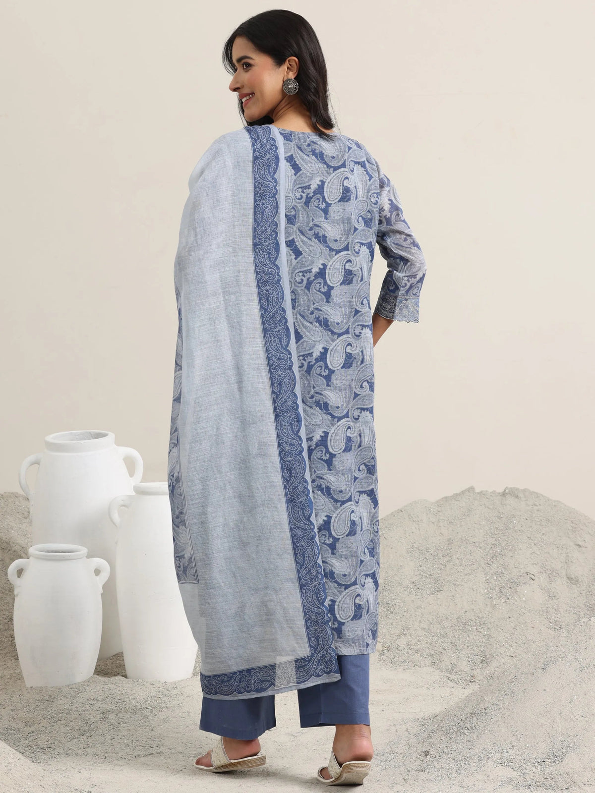 Anouk Blue Printed Linen Straight Suit With Dupatta