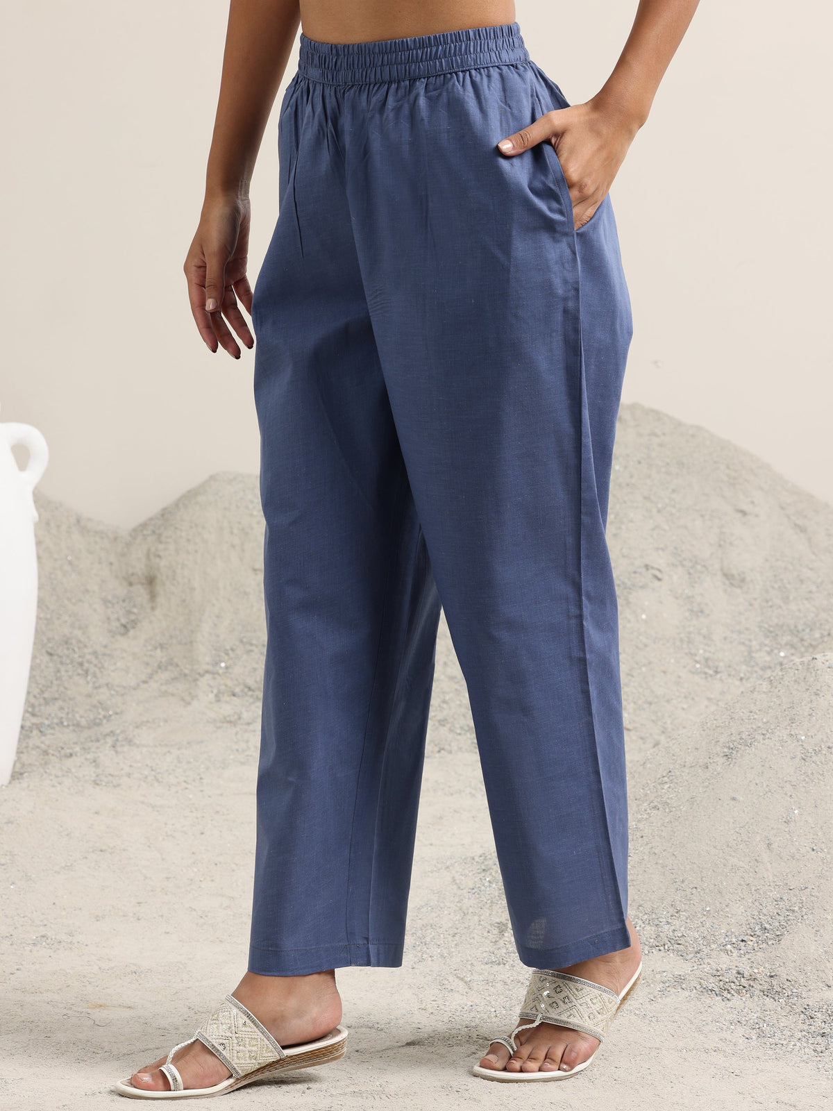 Anouk Blue Printed Linen Straight Suit With Dupatta