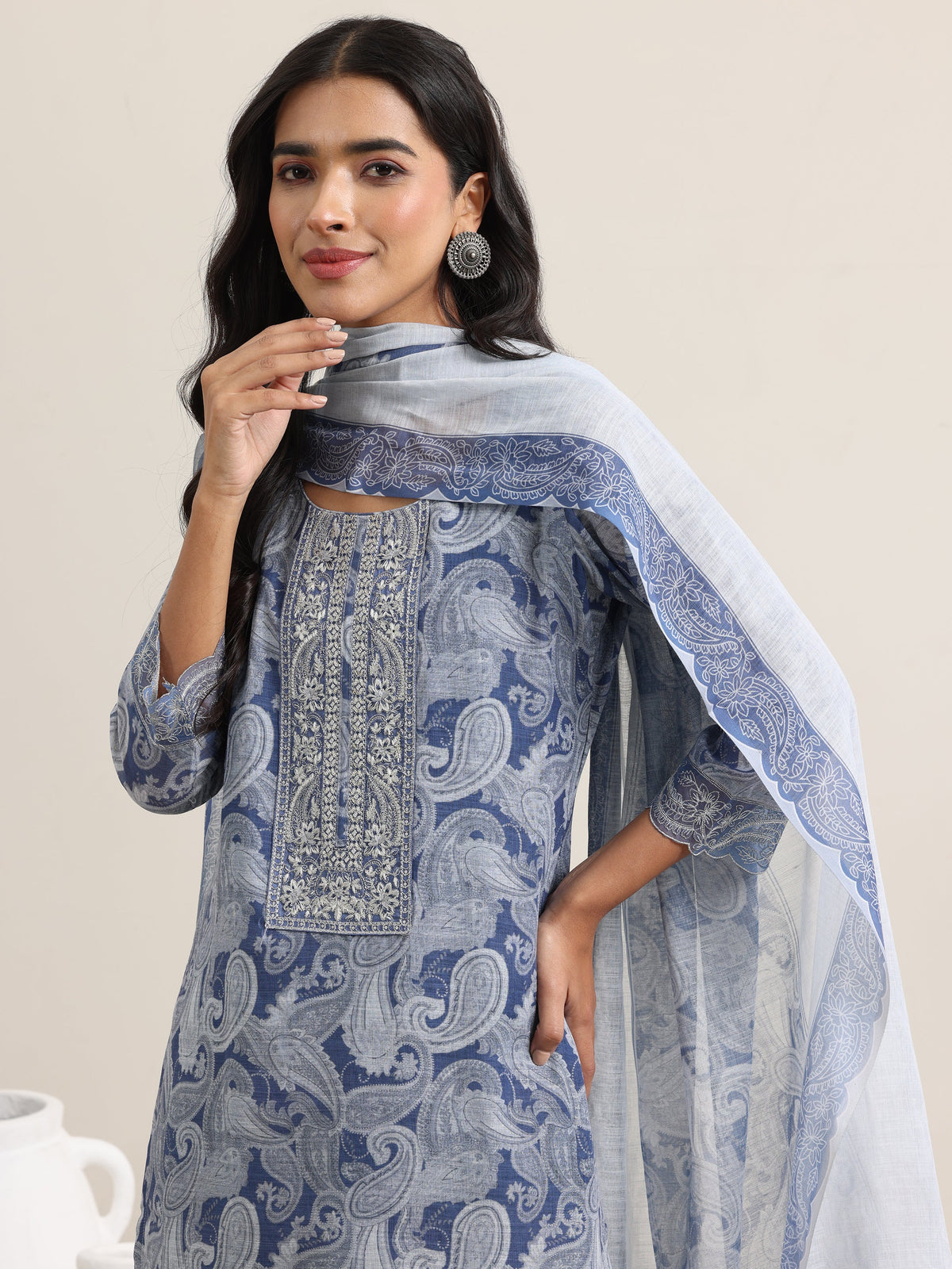 Anouk Blue Printed Linen Straight Suit With Dupatta