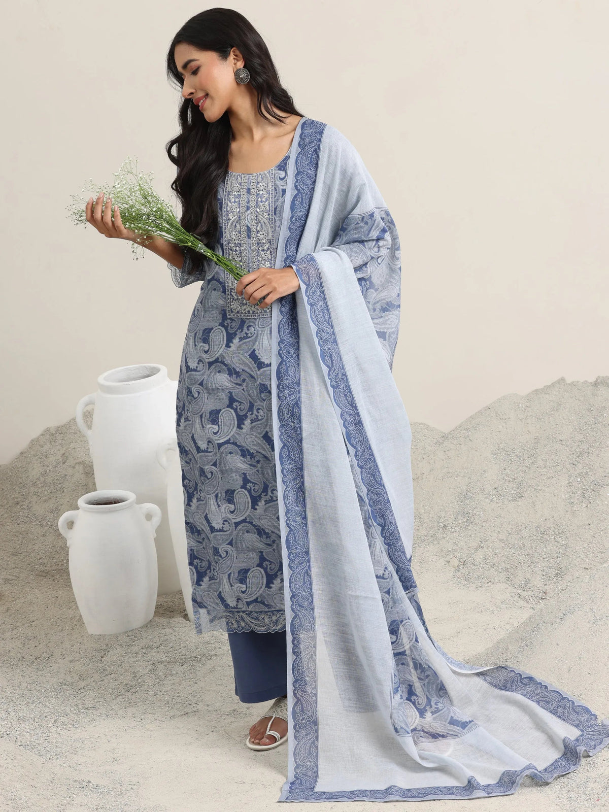 Anouk Blue Printed Linen Straight Suit With Dupatta