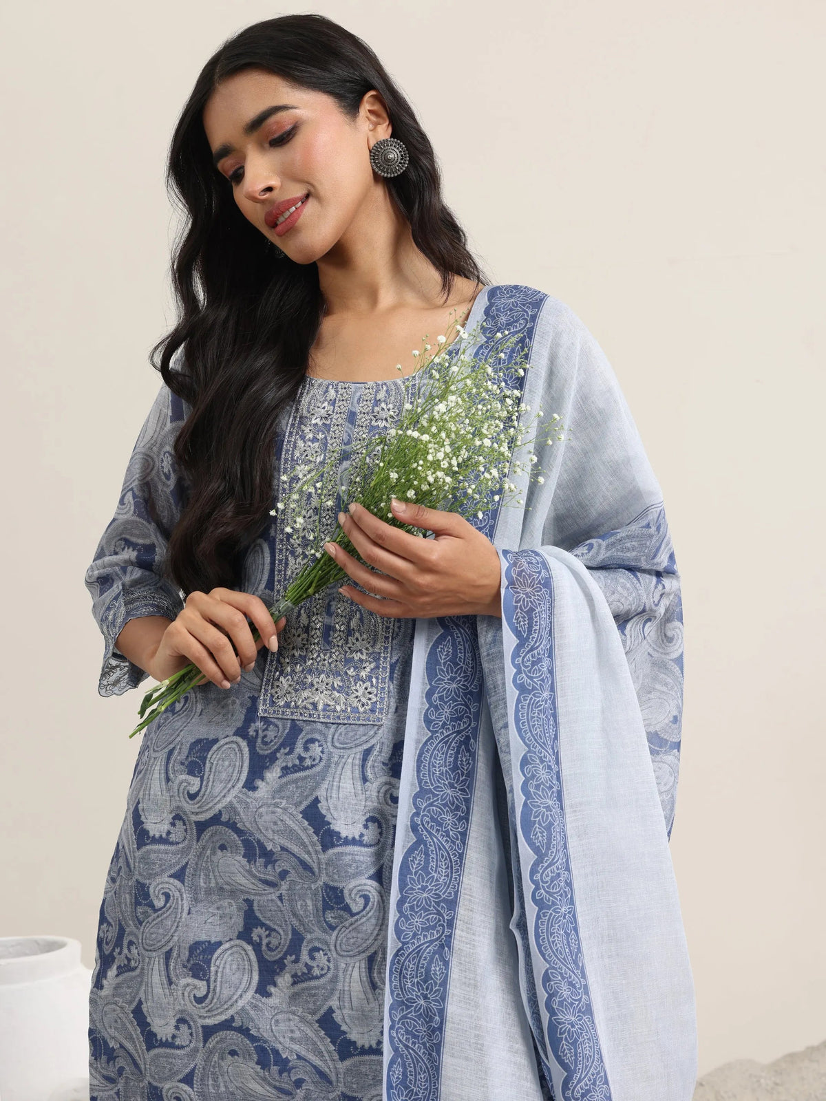 Anouk Blue Printed Linen Straight Suit With Dupatta