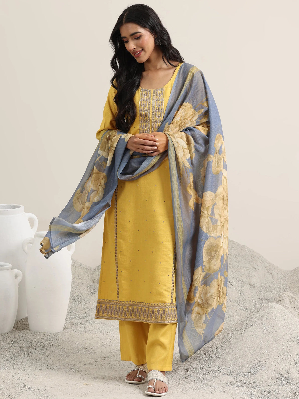 Anouk Mustard Printed Cotton Straight Suit With Dupatta