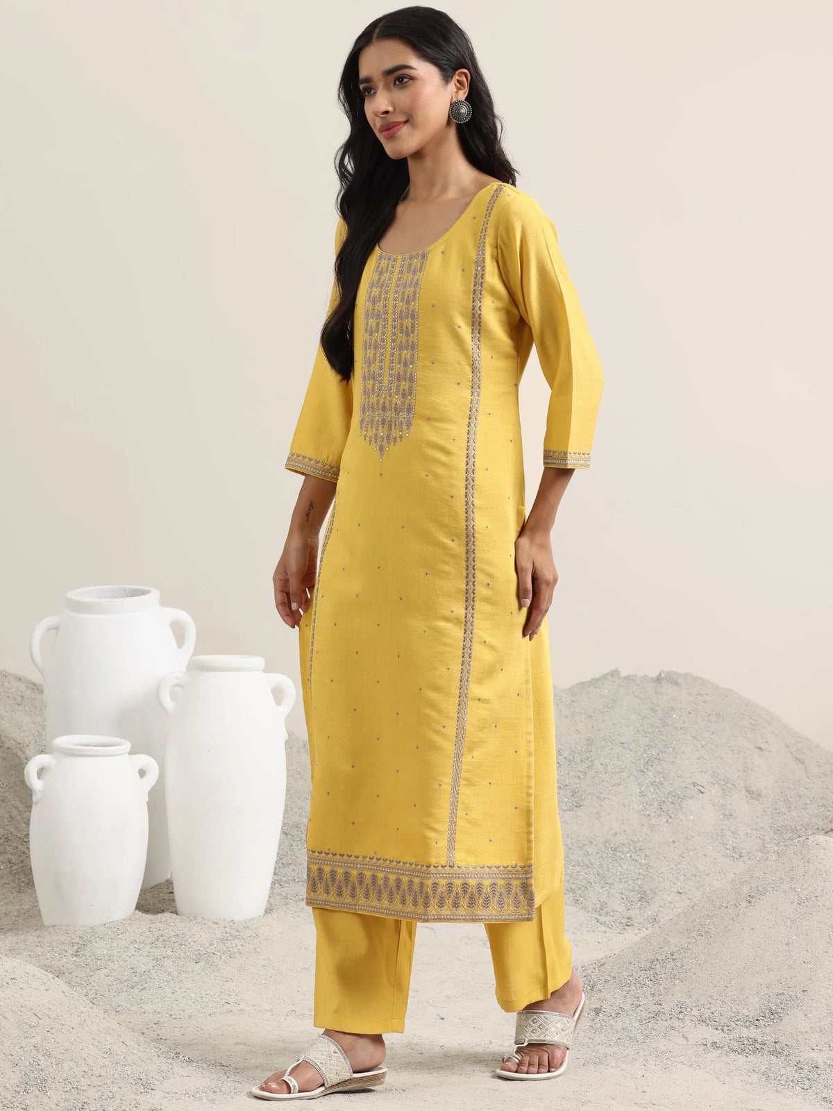 Anouk Mustard Printed Cotton Straight Suit With Dupatta