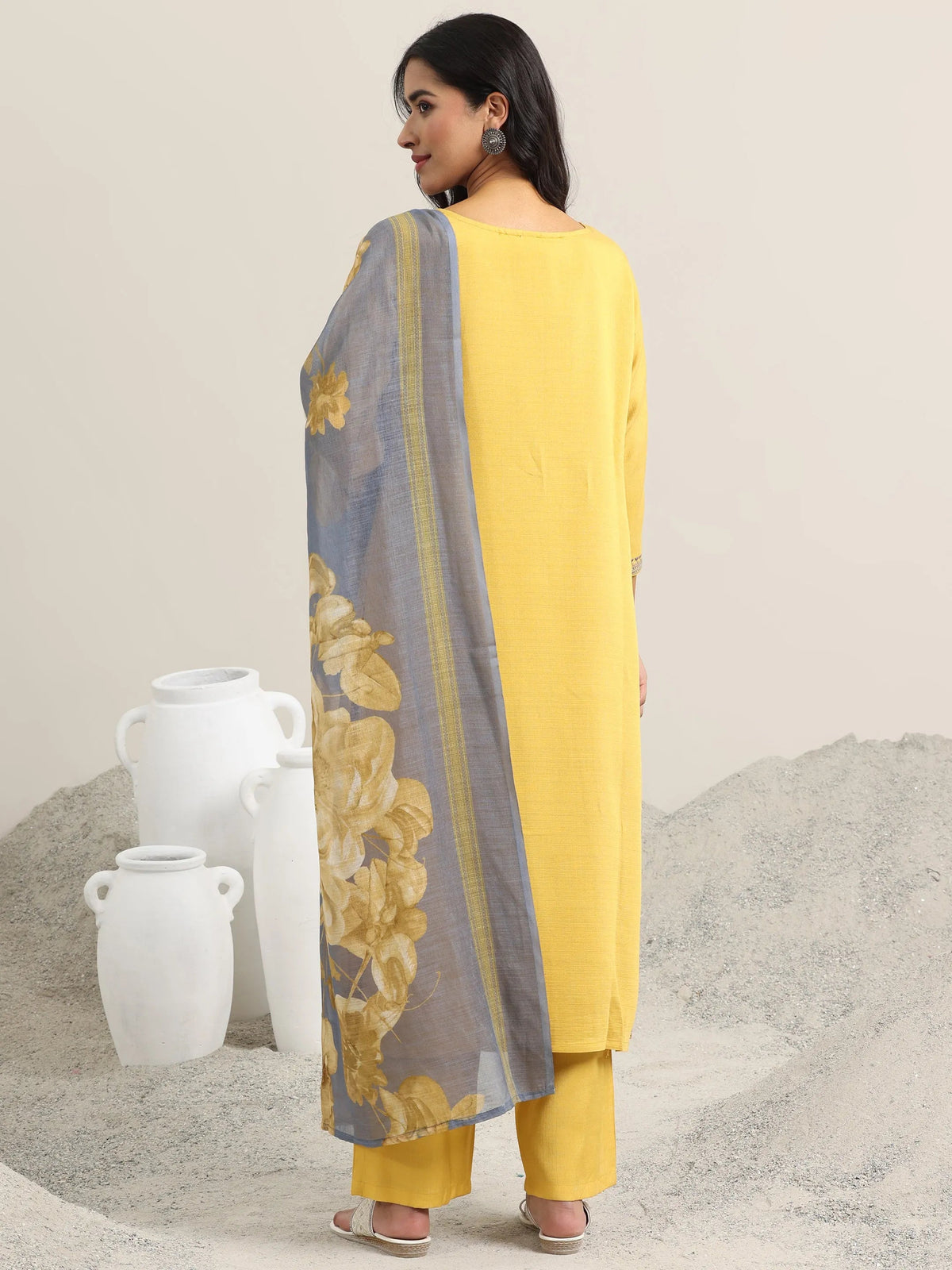 Anouk Mustard Printed Cotton Straight Suit With Dupatta