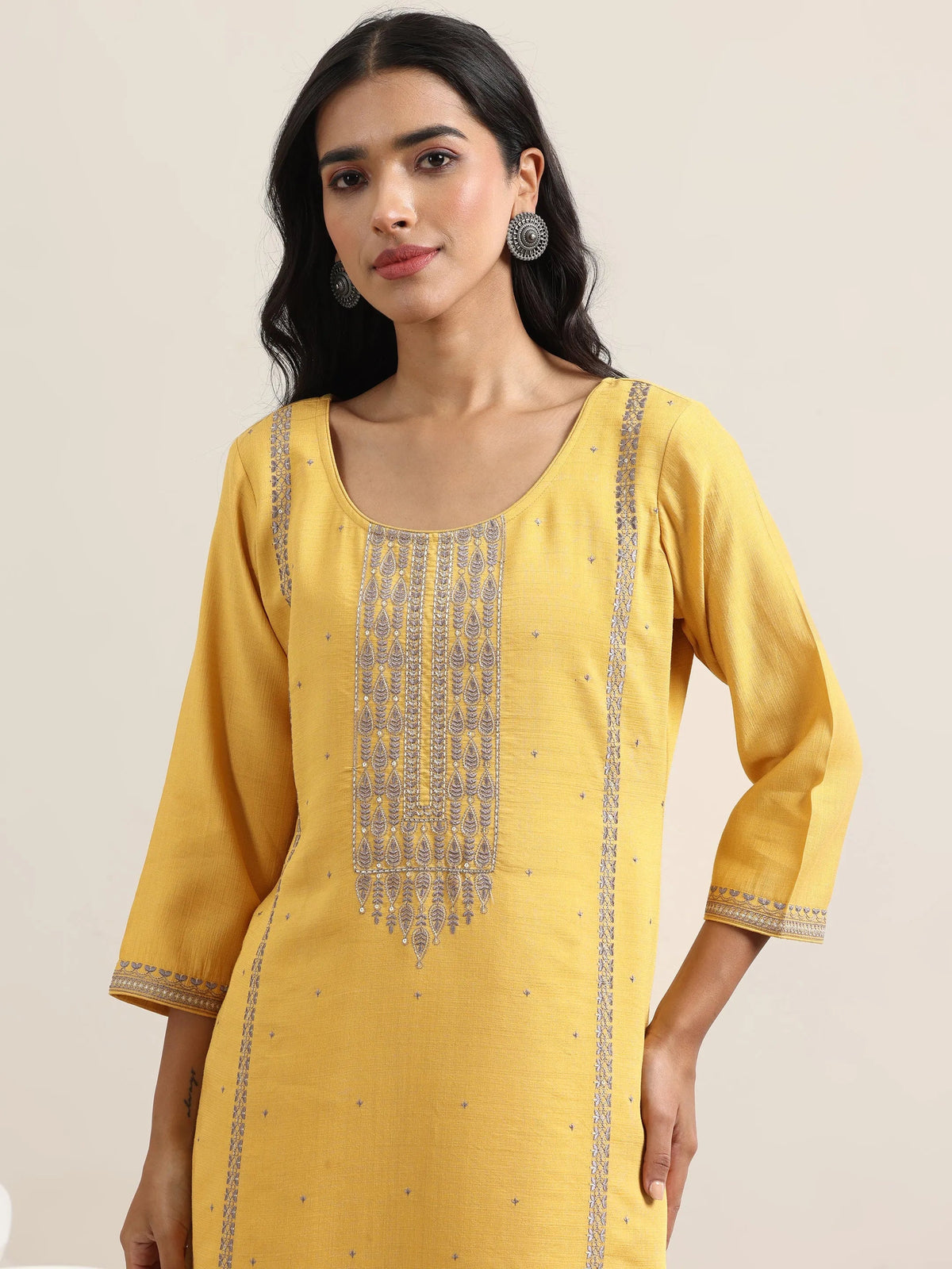 Anouk Mustard Printed Cotton Straight Suit With Dupatta