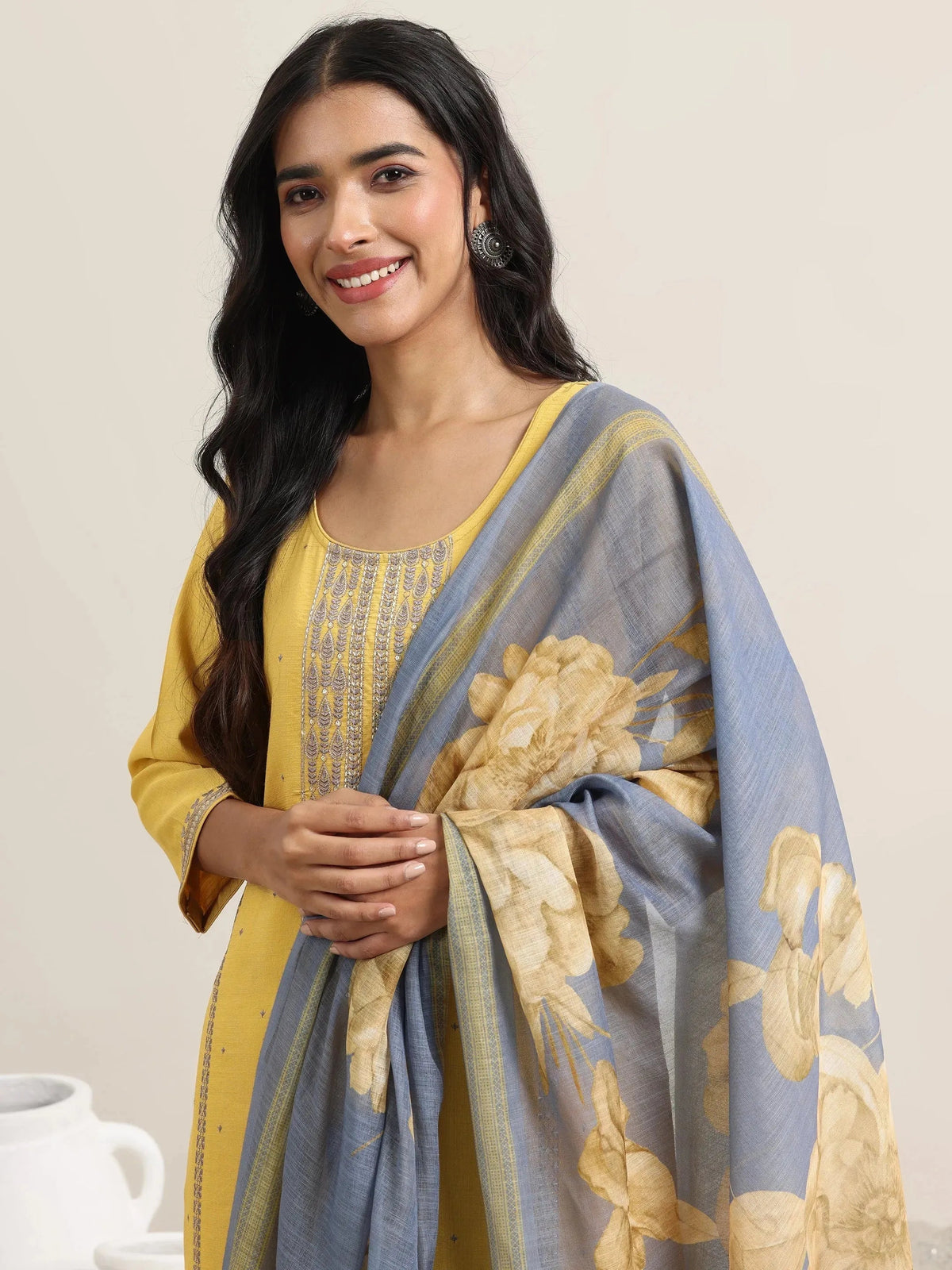 Anouk Mustard Printed Cotton Straight Suit With Dupatta