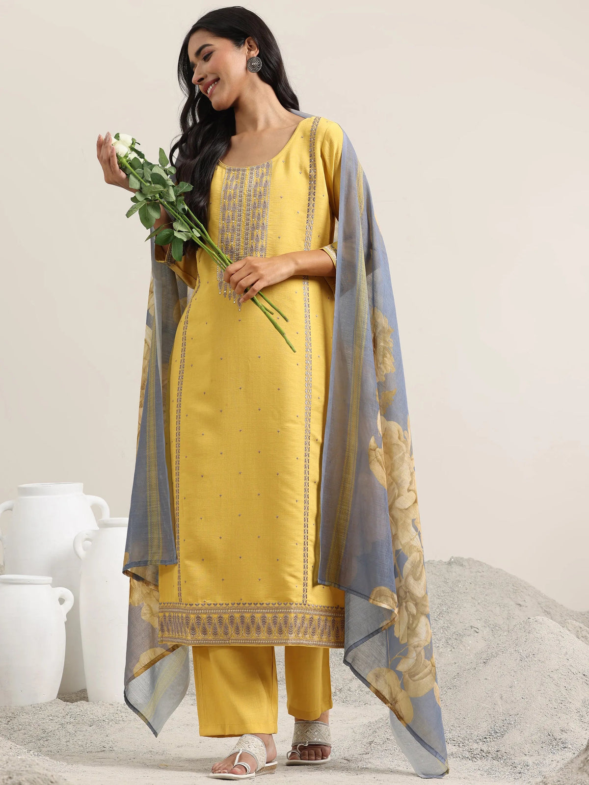 Anouk Mustard Printed Cotton Straight Suit With Dupatta
