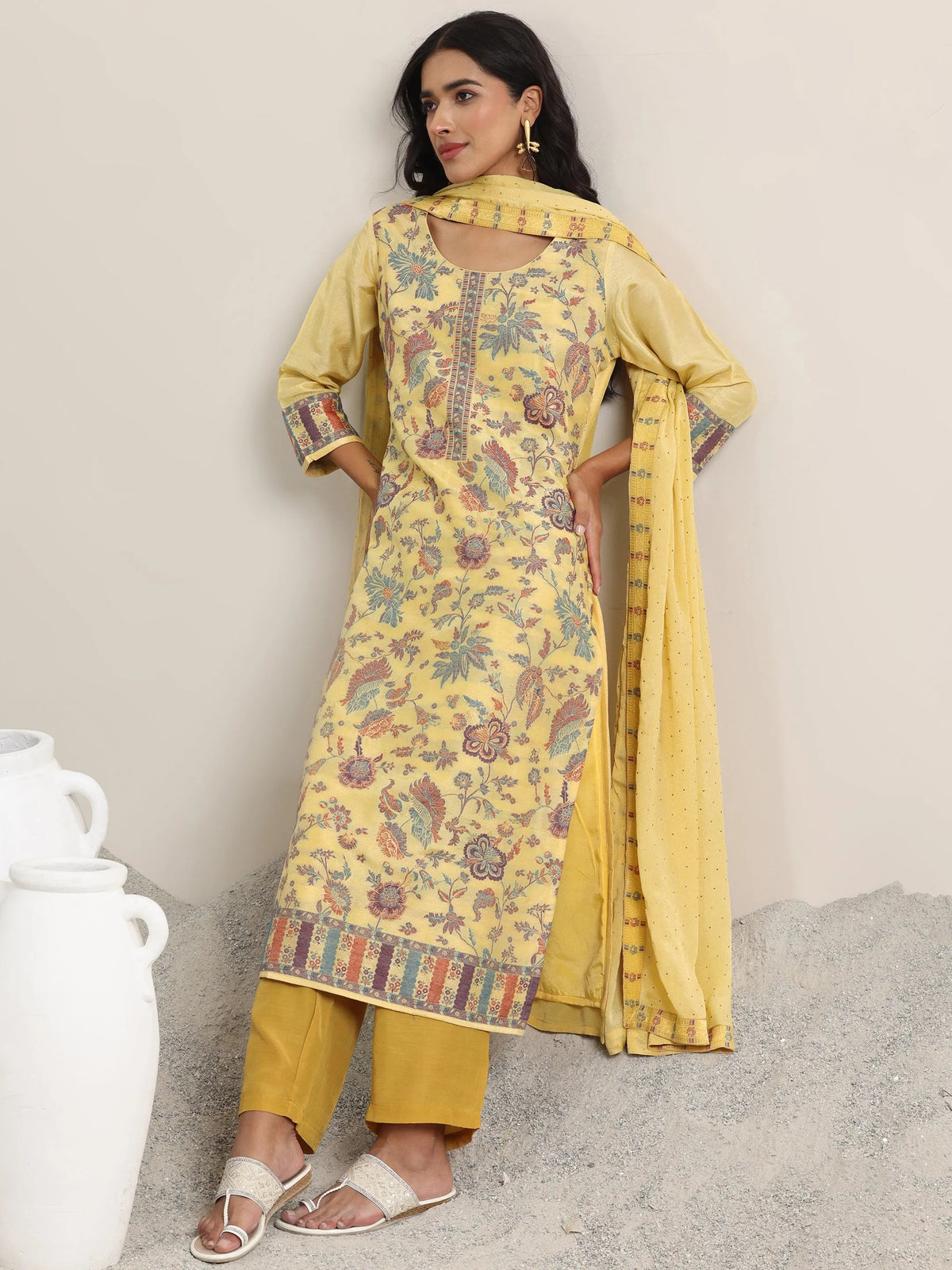 Anouk Yellow Woven Design Silk Blend Straight Suit With Dupatta