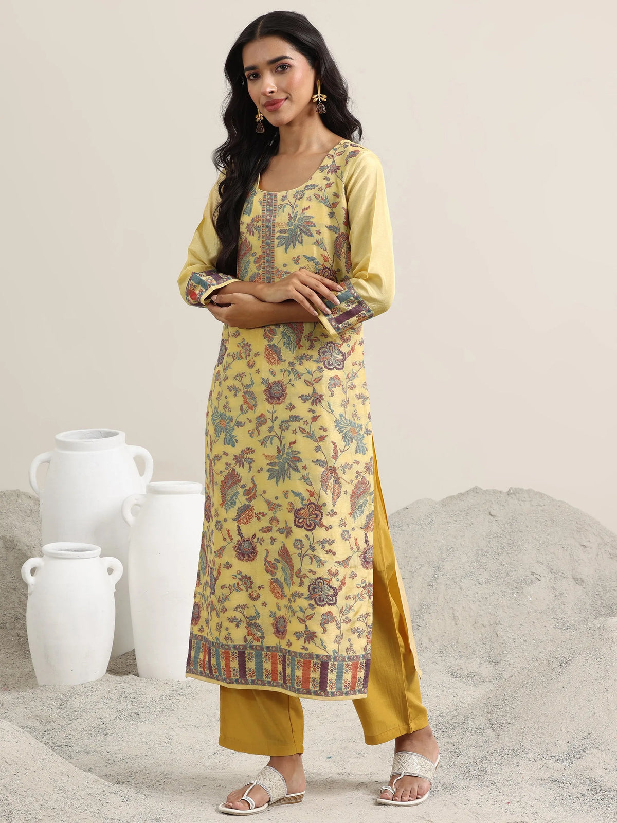 Anouk Yellow Woven Design Silk Blend Straight Suit With Dupatta