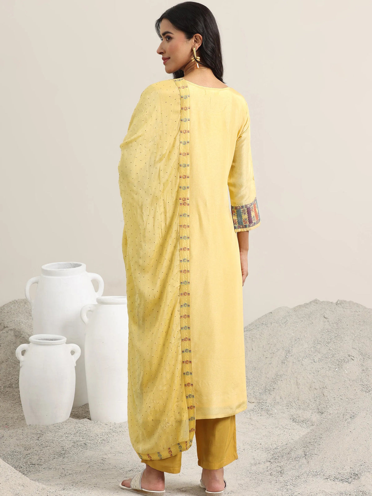 Anouk Yellow Woven Design Silk Blend Straight Suit With Dupatta