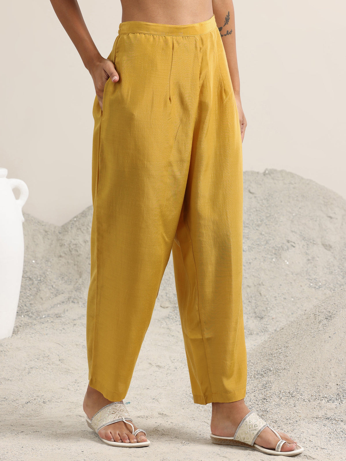 Anouk Yellow Woven Design Silk Blend Straight Suit With Dupatta