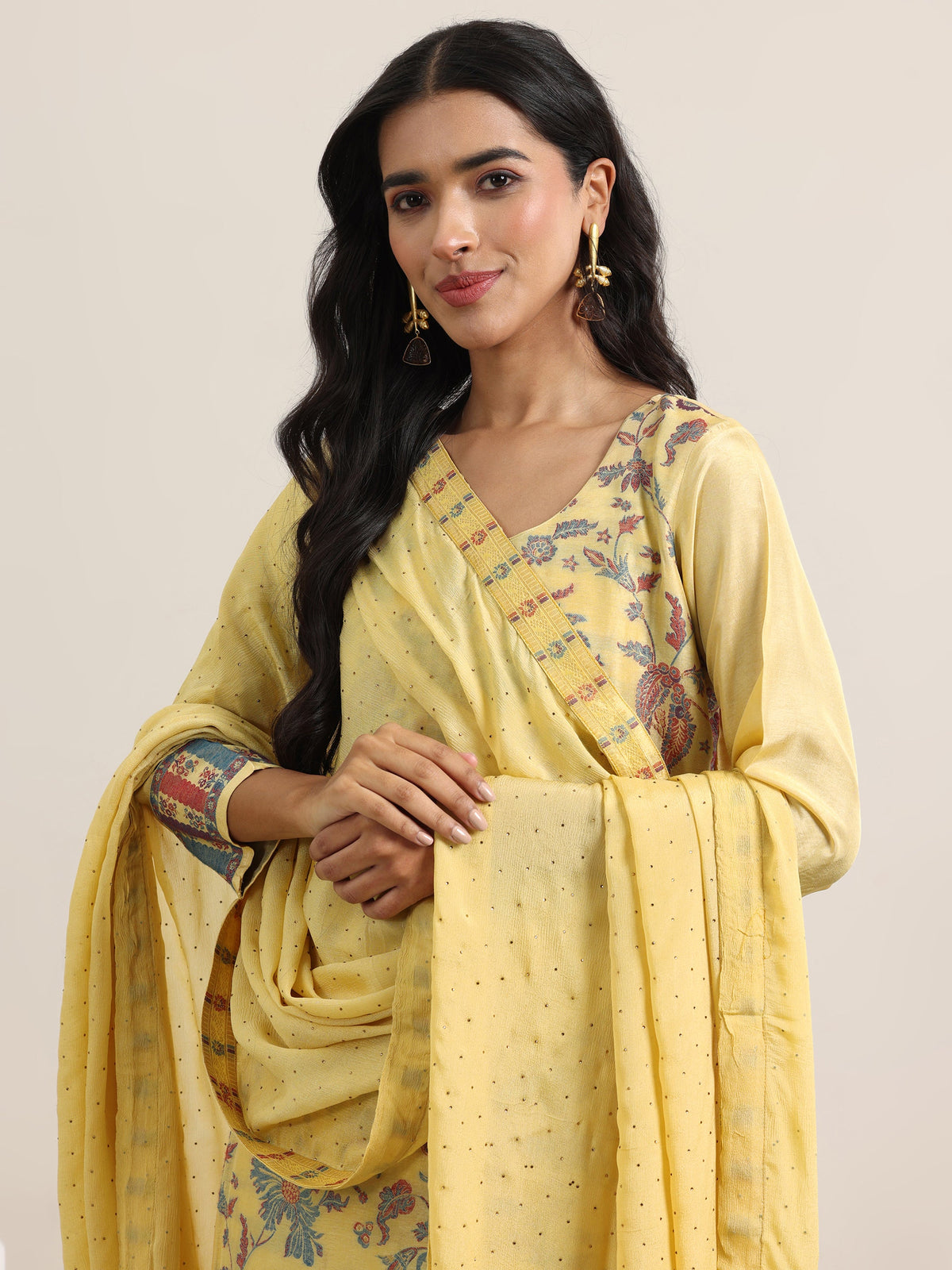 Anouk Yellow Woven Design Silk Blend Straight Suit With Dupatta