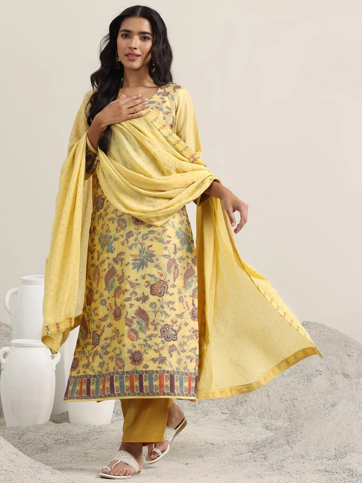 Anouk Yellow Woven Design Silk Blend Straight Suit With Dupatta