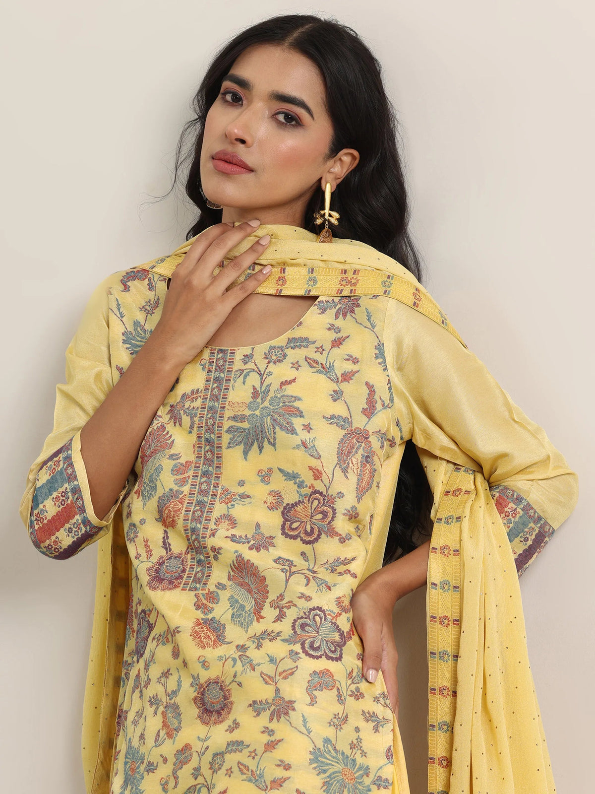 Anouk Yellow Woven Design Silk Blend Straight Suit With Dupatta