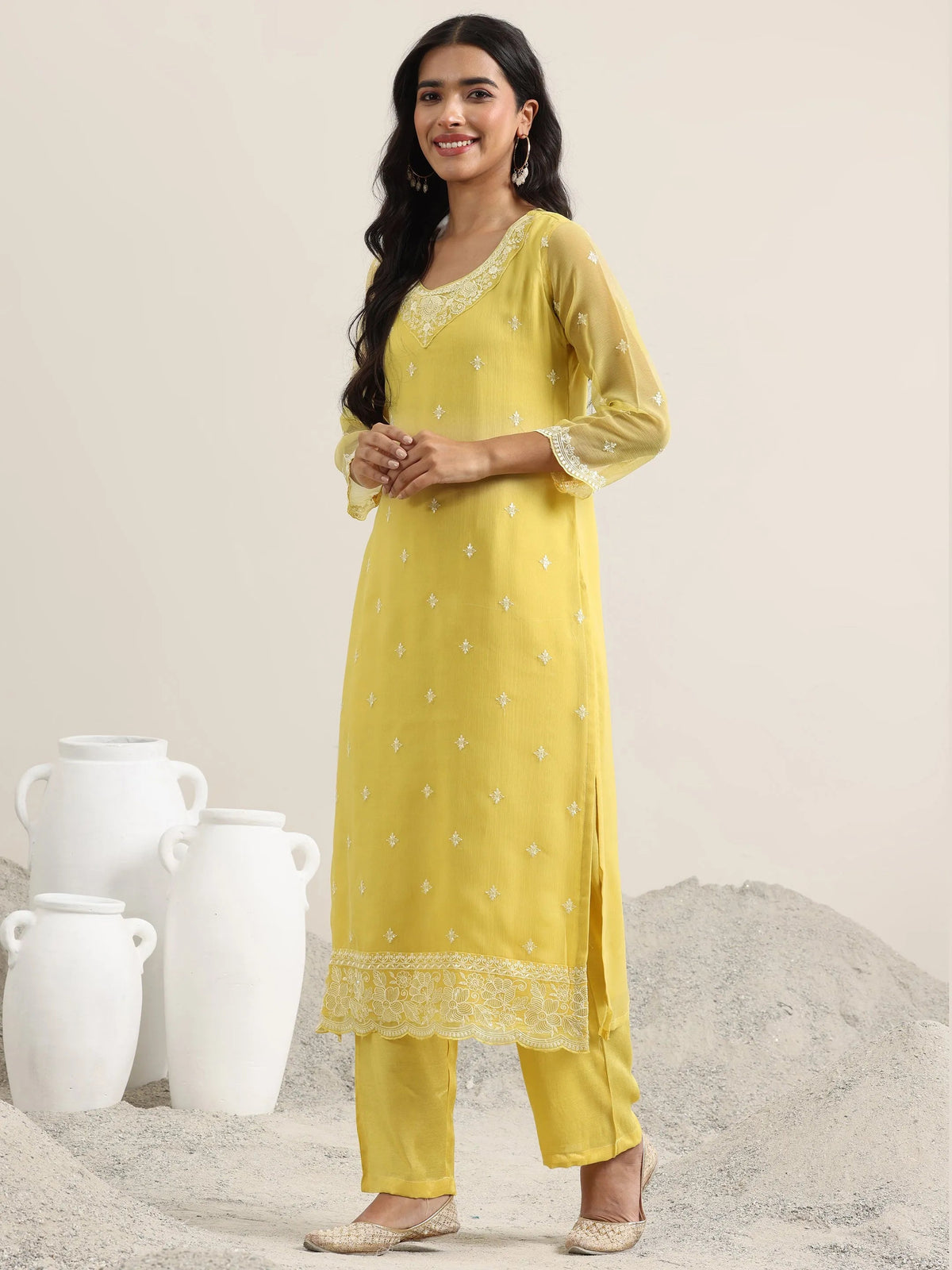 Anouk Yellow Embroidered Poly Chiffon Straight Suit With Dupatta