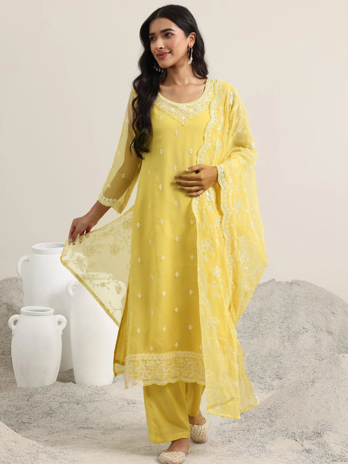 Anouk Yellow Embroidered Poly Chiffon Straight Suit With Dupatta