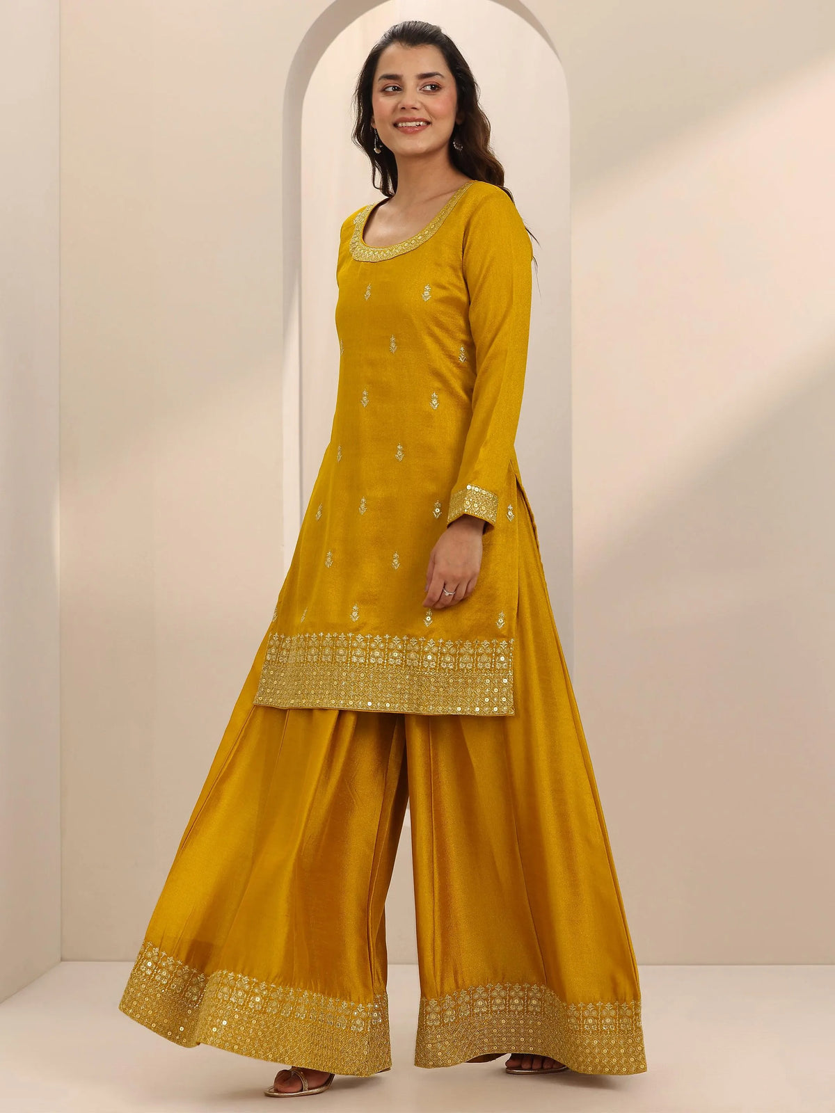 Anouk Mustard Embellished Silk Blend Straight Suit Set With Dupatta