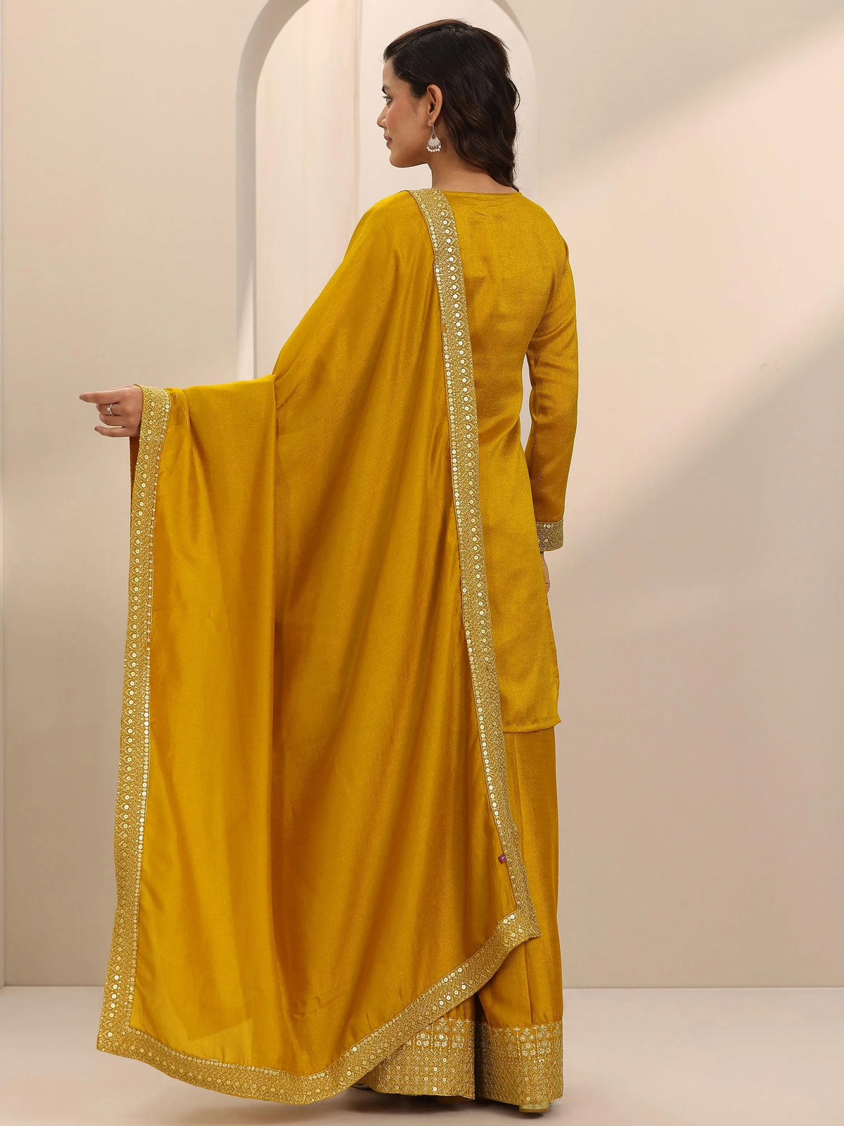 Anouk Mustard Embellished Silk Blend Straight Suit Set With Dupatta