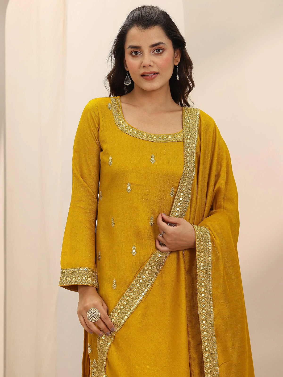 Anouk Mustard Embellished Silk Blend Straight Suit Set With Dupatta