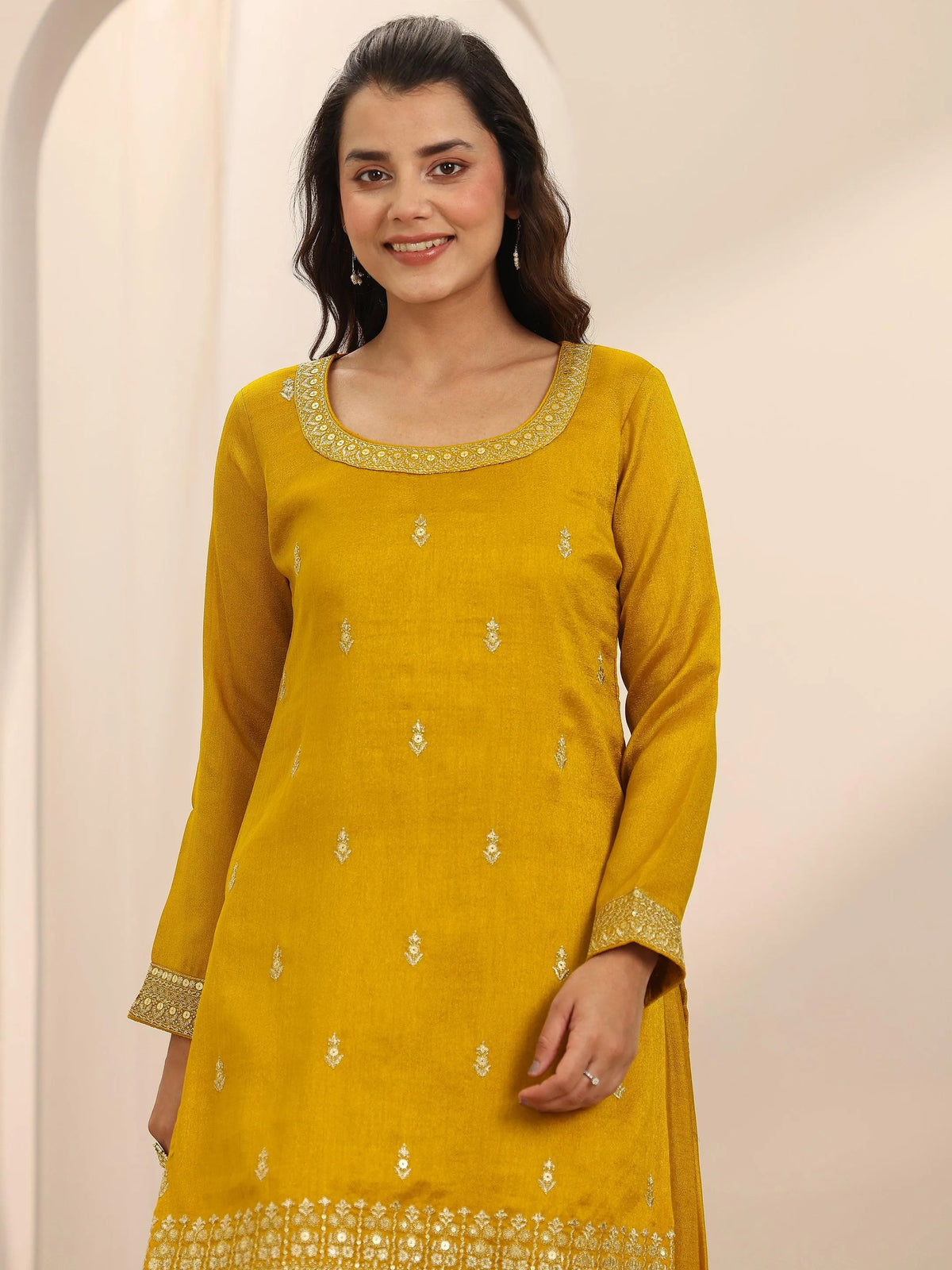 Anouk Mustard Embellished Silk Blend Straight Suit Set With Dupatta
