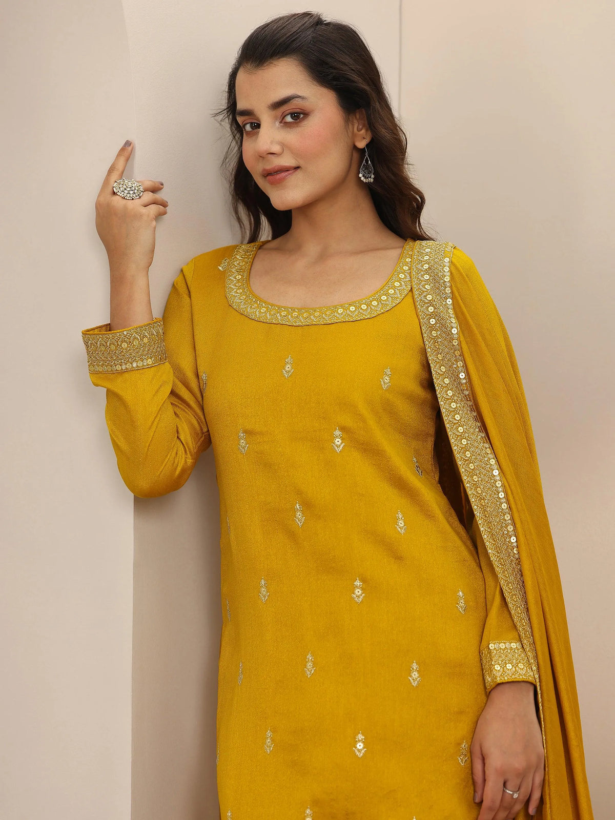 Anouk Mustard Embellished Silk Blend Straight Suit Set With Dupatta