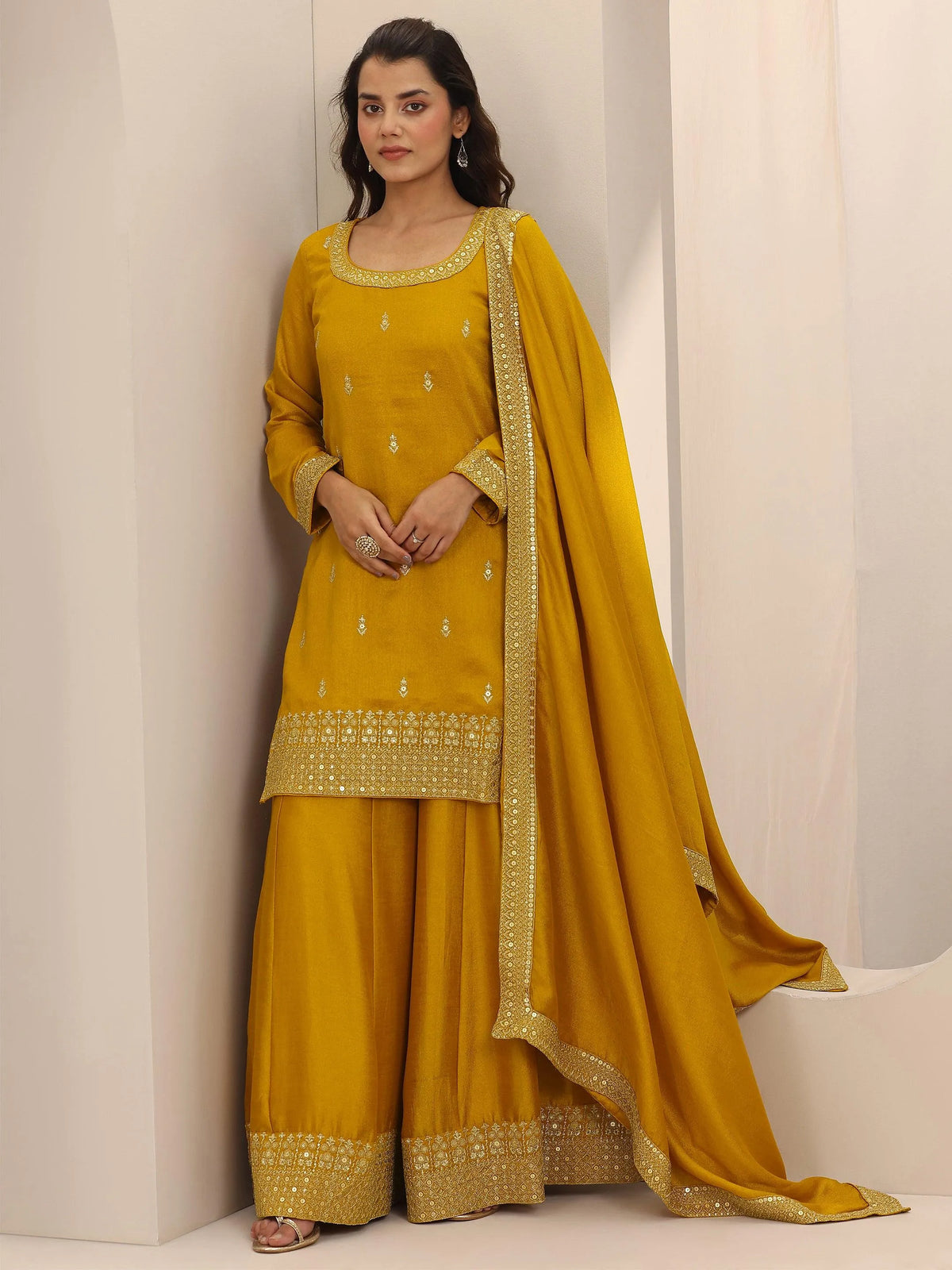 Anouk Mustard Embellished Silk Blend Straight Suit Set With Dupatta