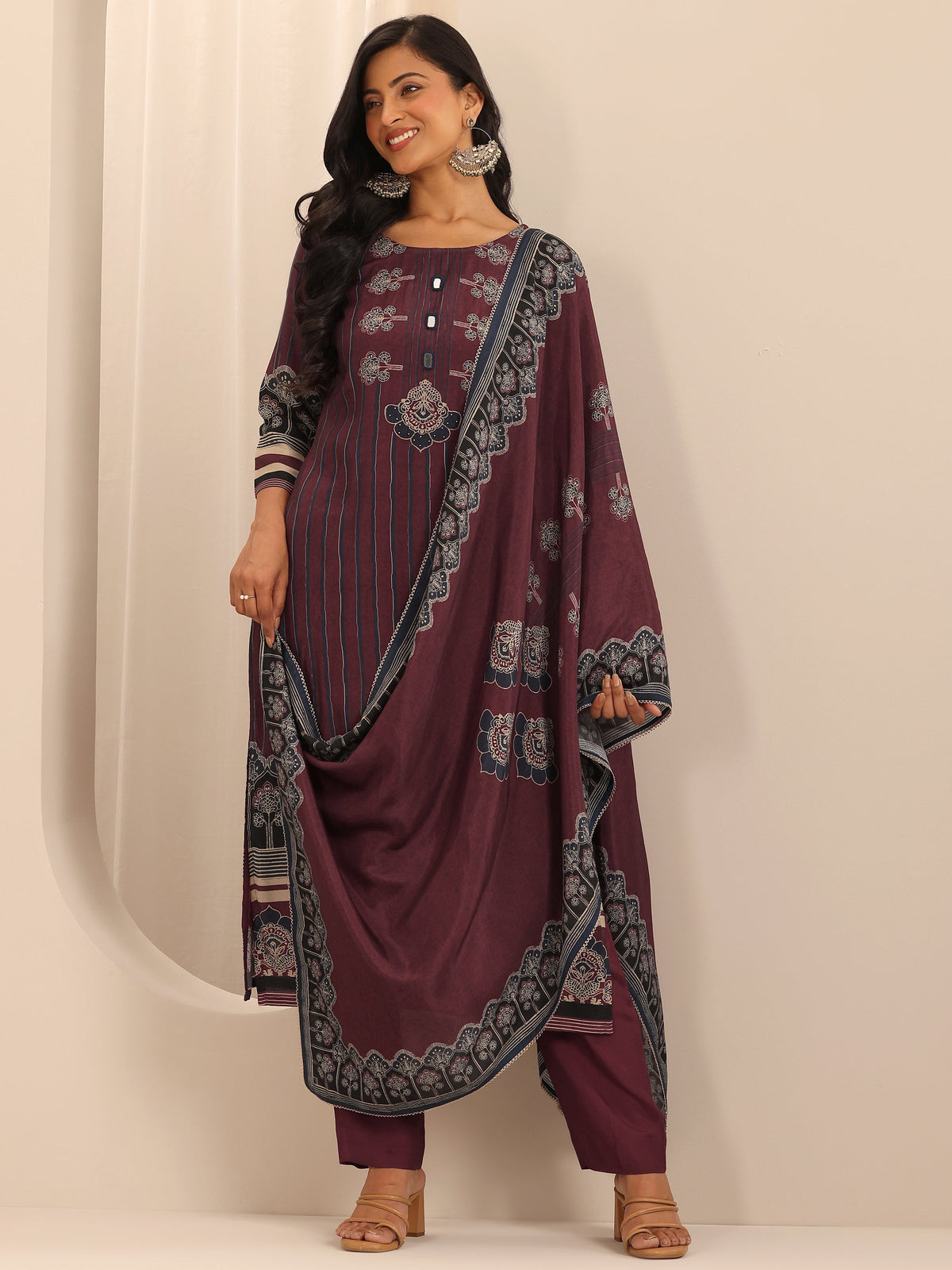Anouk Maroon Printed Muslin Straight Suit Set With Dupatta