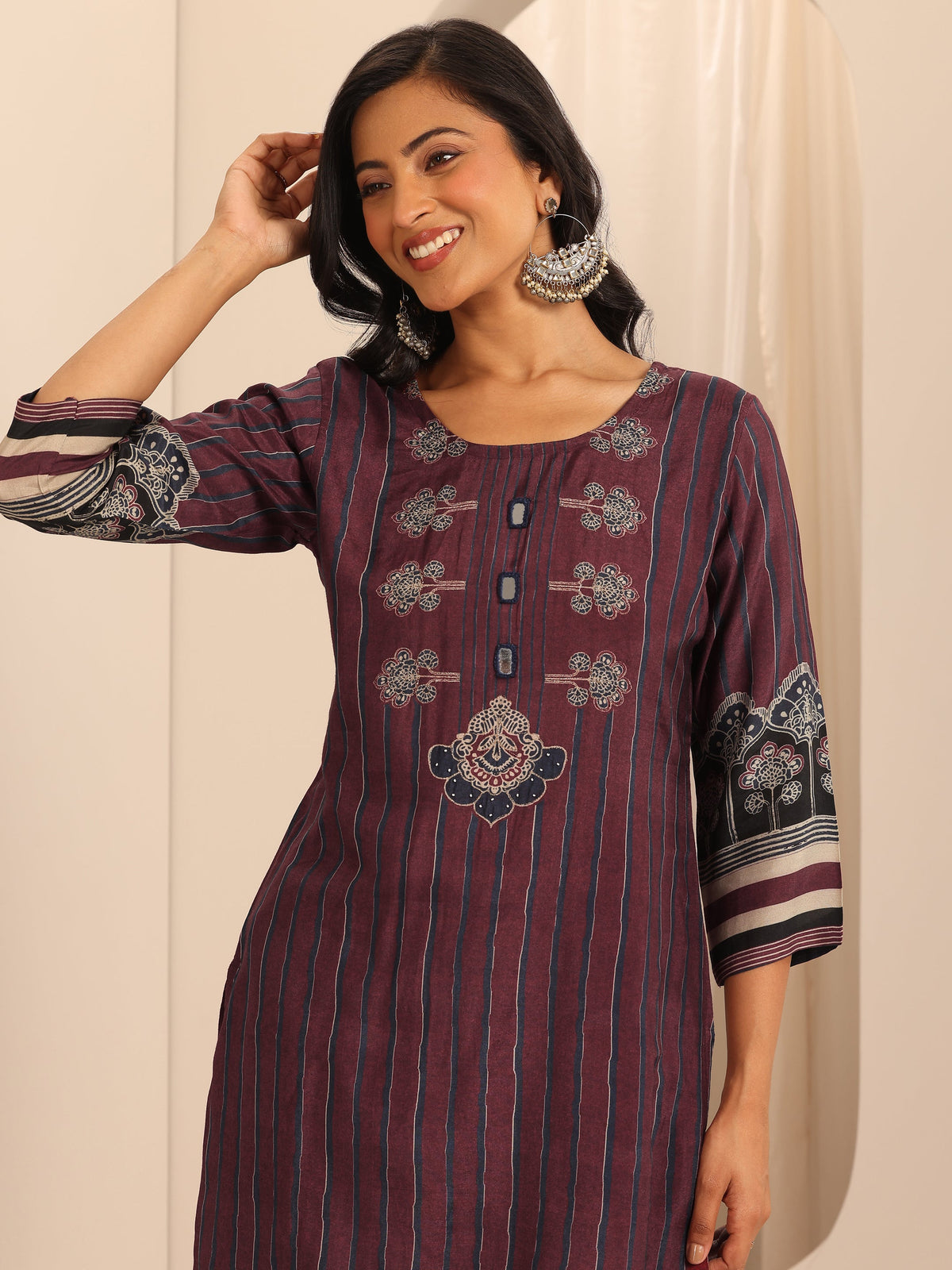 Anouk Maroon Printed Muslin Straight Suit Set With Dupatta