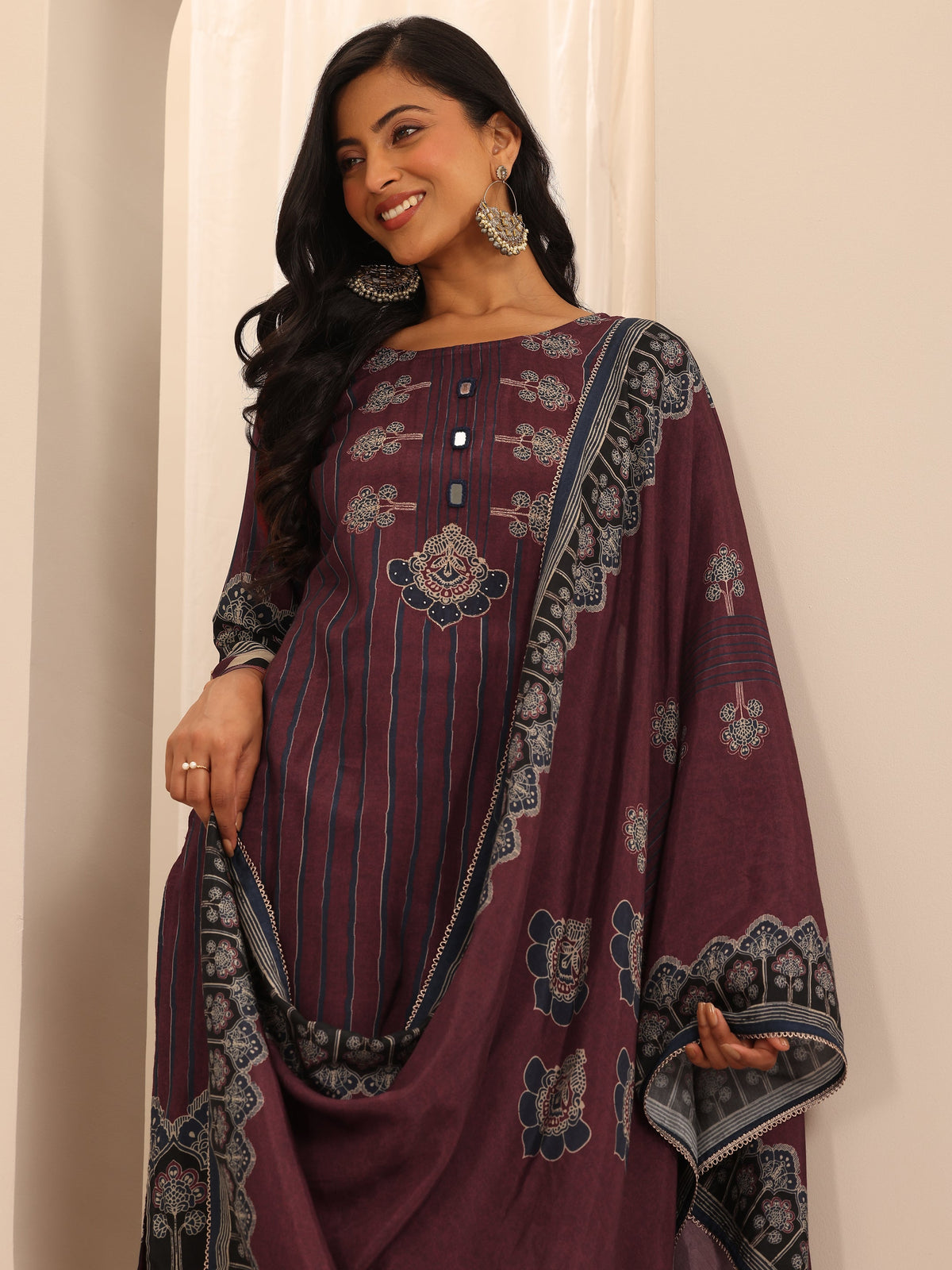 Anouk Maroon Printed Muslin Straight Suit Set With Dupatta