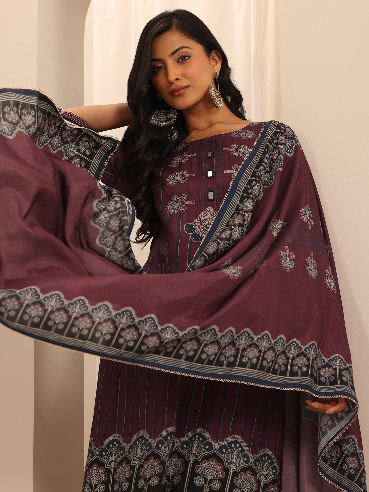 Anouk Maroon Printed Muslin Straight Suit Set With Dupatta