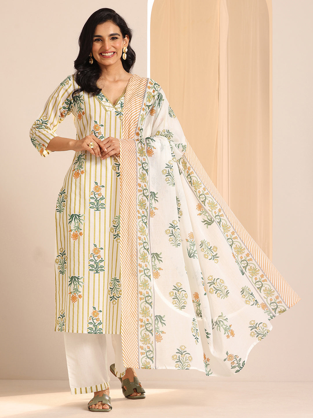 Anouk Off White Printed Cotton Straight Suit Sets With Dupatta