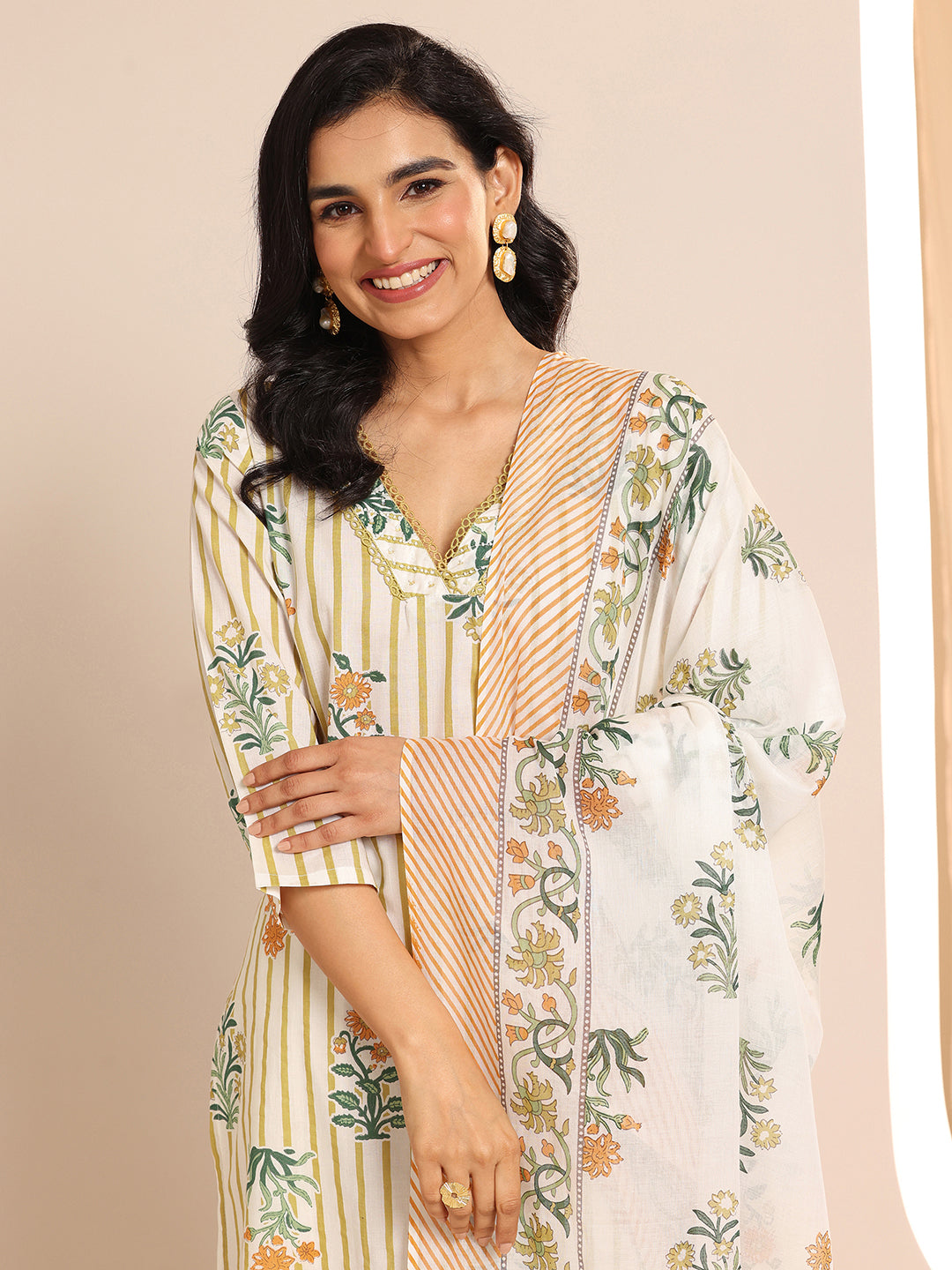 Anouk Off White Printed Cotton Straight Suit Sets With Dupatta